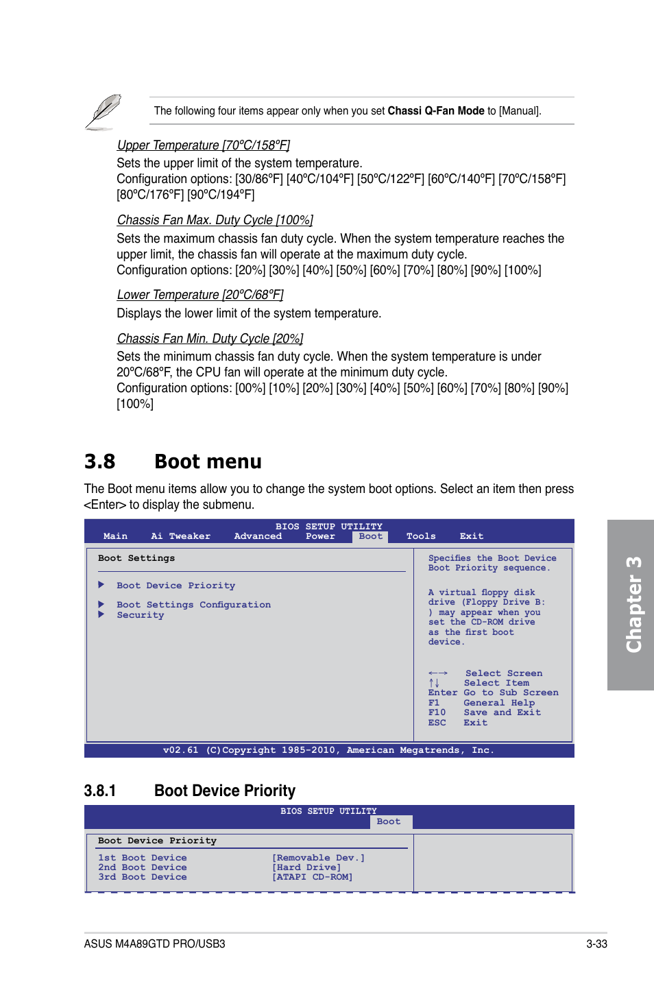 8 boot menu, 1 boot device priority, Boot menu -33 3.8.1 | Boot device priority -33, Chapter 3 3.8 boot menu | Asus M4A89GTD PRO/USB3 User Manual | Page 93 / 128