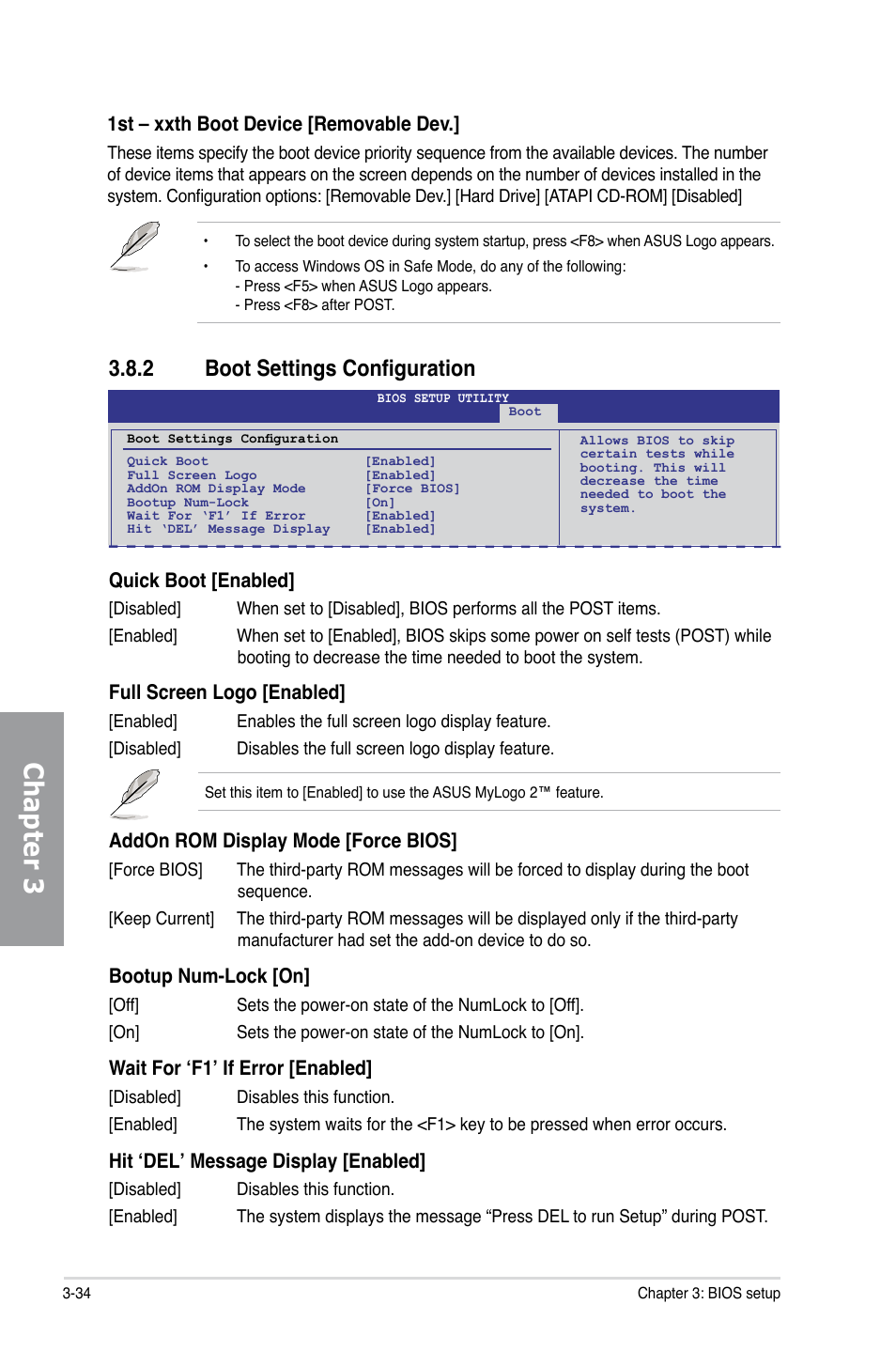 2 boot settings configuration, Boot settings configuration -34, Chapter 3 | 1st – xxth boot device [removable dev, Quick boot [enabled, Full screen logo [enabled, Addon rom display mode [force bios, Bootup num-lock [on, Wait for ‘f1’ if error [enabled, Hit ‘del’ message display [enabled | Asus M4A89GTD PRO/USB3 User Manual | Page 94 / 128