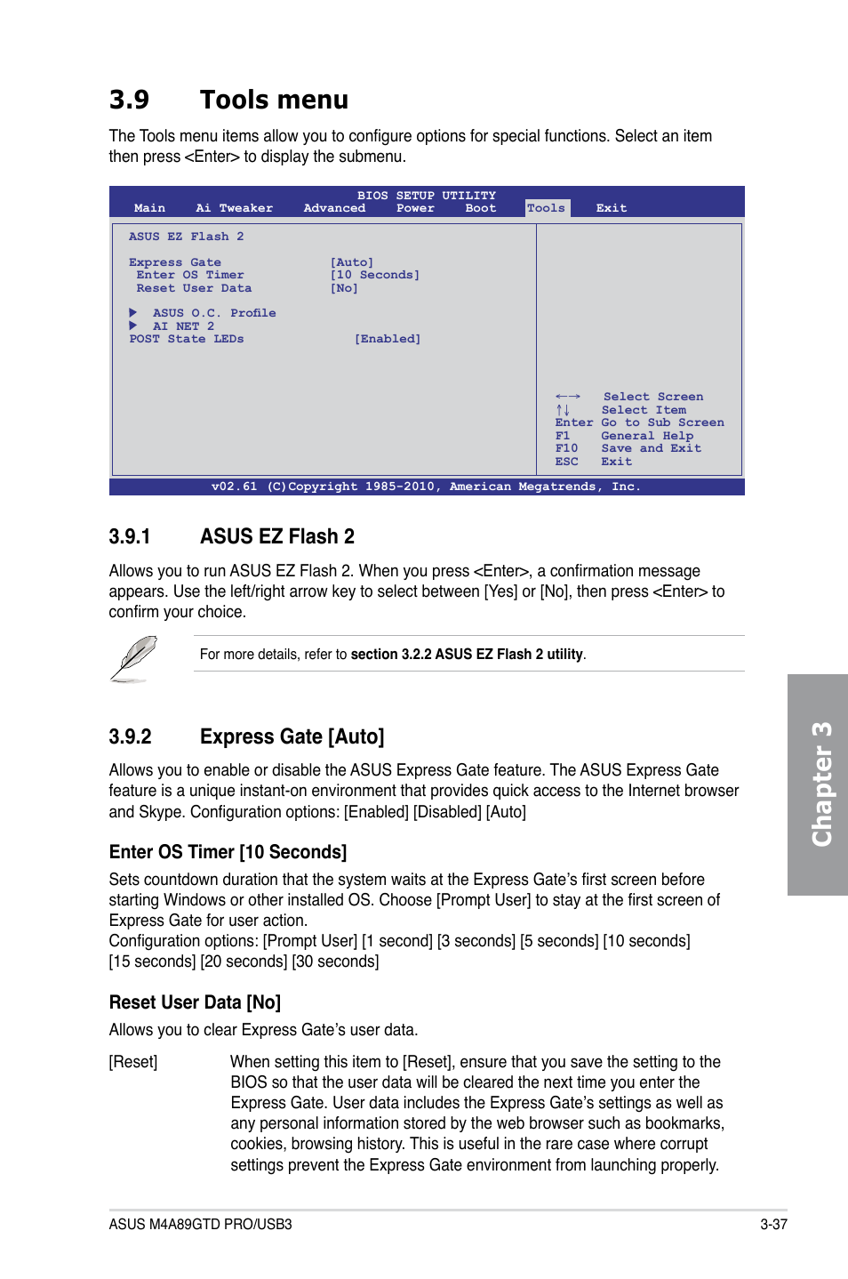 9 tools menu, 1 asus ez flash 2, 2 express gate [auto | Tools menu -37 3.9.1, Asus ez flash 2 -37, Express gate -37, Chapter 3 3.9 tools menu, Enter os timer [10 seconds, Reset user data [no | Asus M4A89GTD PRO/USB3 User Manual | Page 97 / 128
