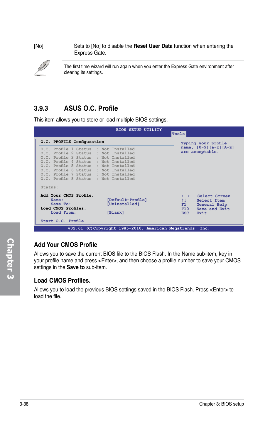 3 asus o.c. profile, Asus o.c. profile -38, Chapter 3 | Add your cmos profile, Load cmos profiles | Asus M4A89GTD PRO/USB3 User Manual | Page 98 / 128