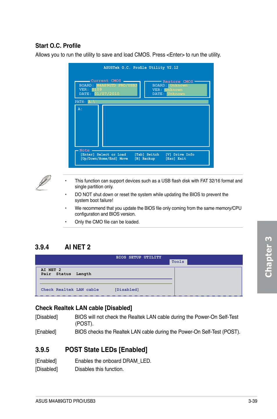 4 ai net 2, 5 post state leds [enabled, Ai net 2 -39 | Post state leds -39, Chapter 3, Check realtek lan cable [disabled, Start o.c. profile | Asus M4A89GTD PRO/USB3 User Manual | Page 99 / 128