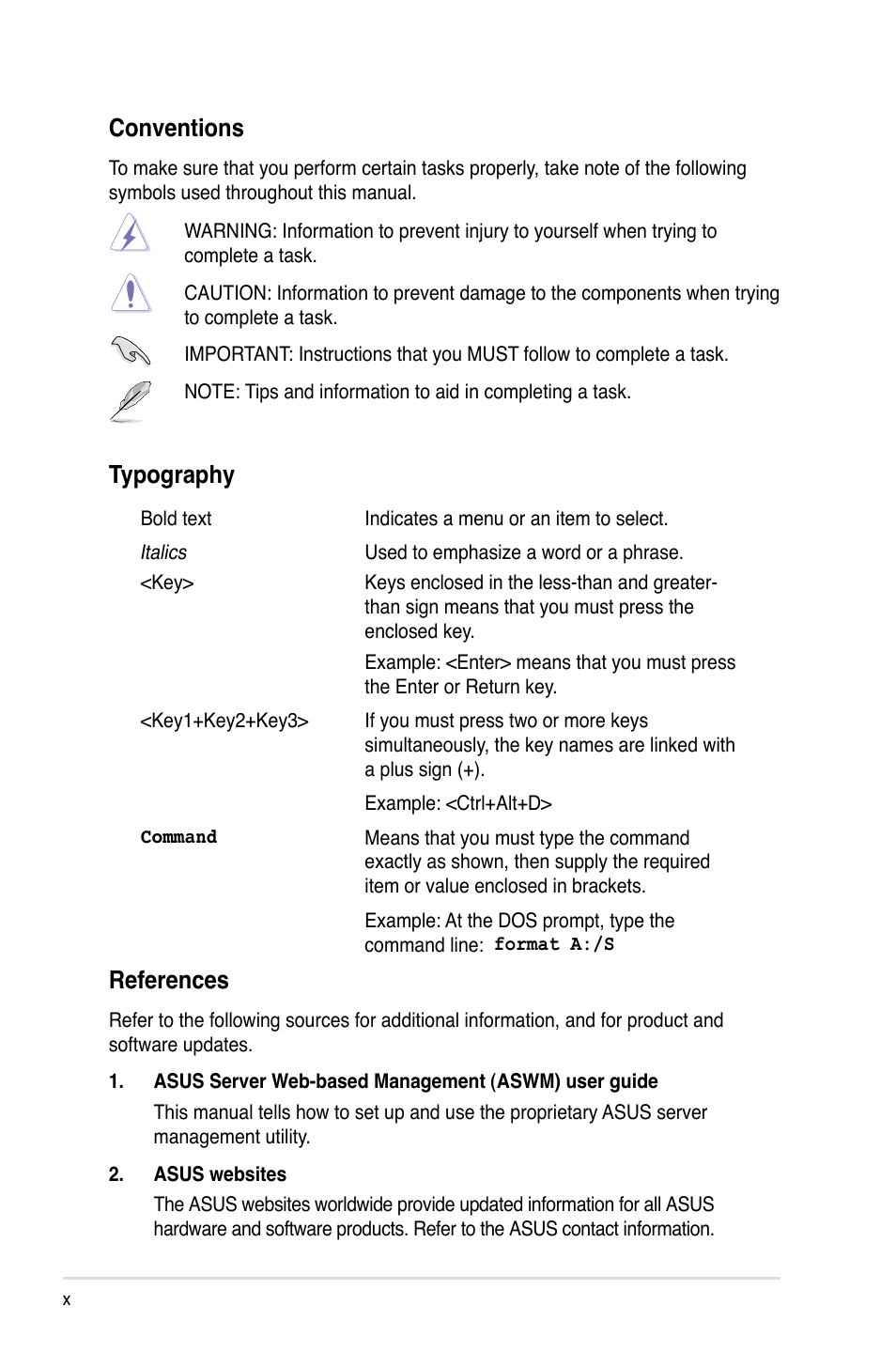 References, Conventions, Typography | Asus RS120-E4/PA4 User Manual | Page 10 / 174