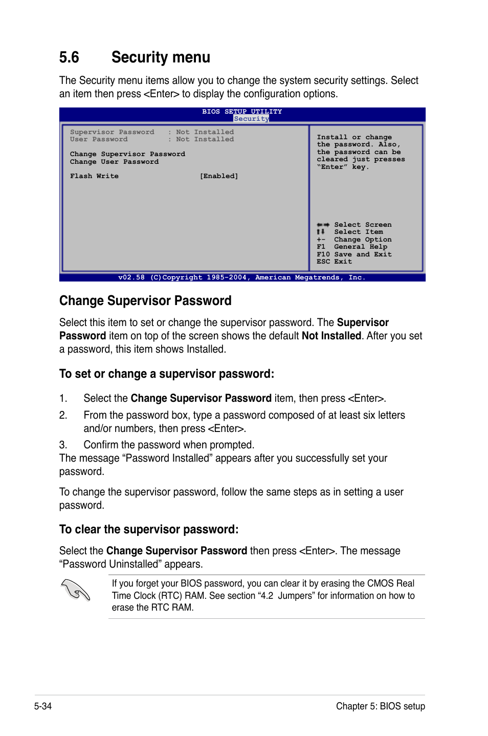 Security.menu, Change.supervisor.password, To.set.or.change.a.supervisor.password | To.clear.the.supervisor.password | Asus RS120-E4/PA4 User Manual | Page 100 / 174