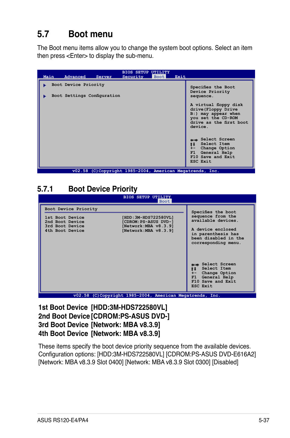 Boot.menu, Boot.device.priority | Asus RS120-E4/PA4 User Manual | Page 103 / 174