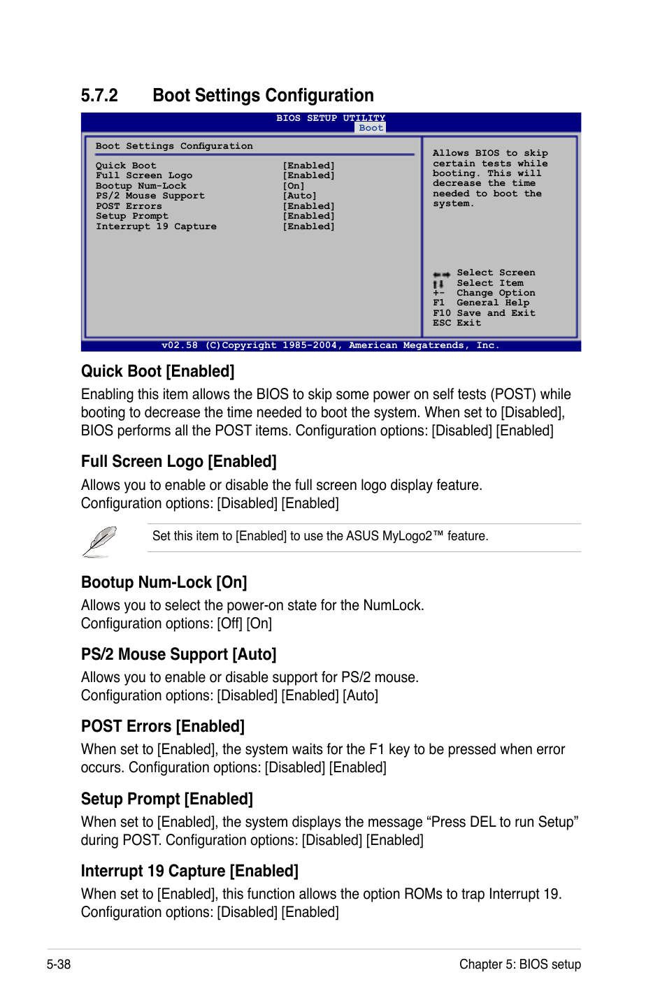 2 boot settings configuration, Quick.boot.[enabled, Full.screen.logo.[enabled | Bootup.num-lock.[on, Ps/2.mouse.support.[auto, Post.errors.[enabled, Setup.prompt.[enabled, Interrupt.19.capture.[enabled | Asus RS120-E4/PA4 User Manual | Page 104 / 174
