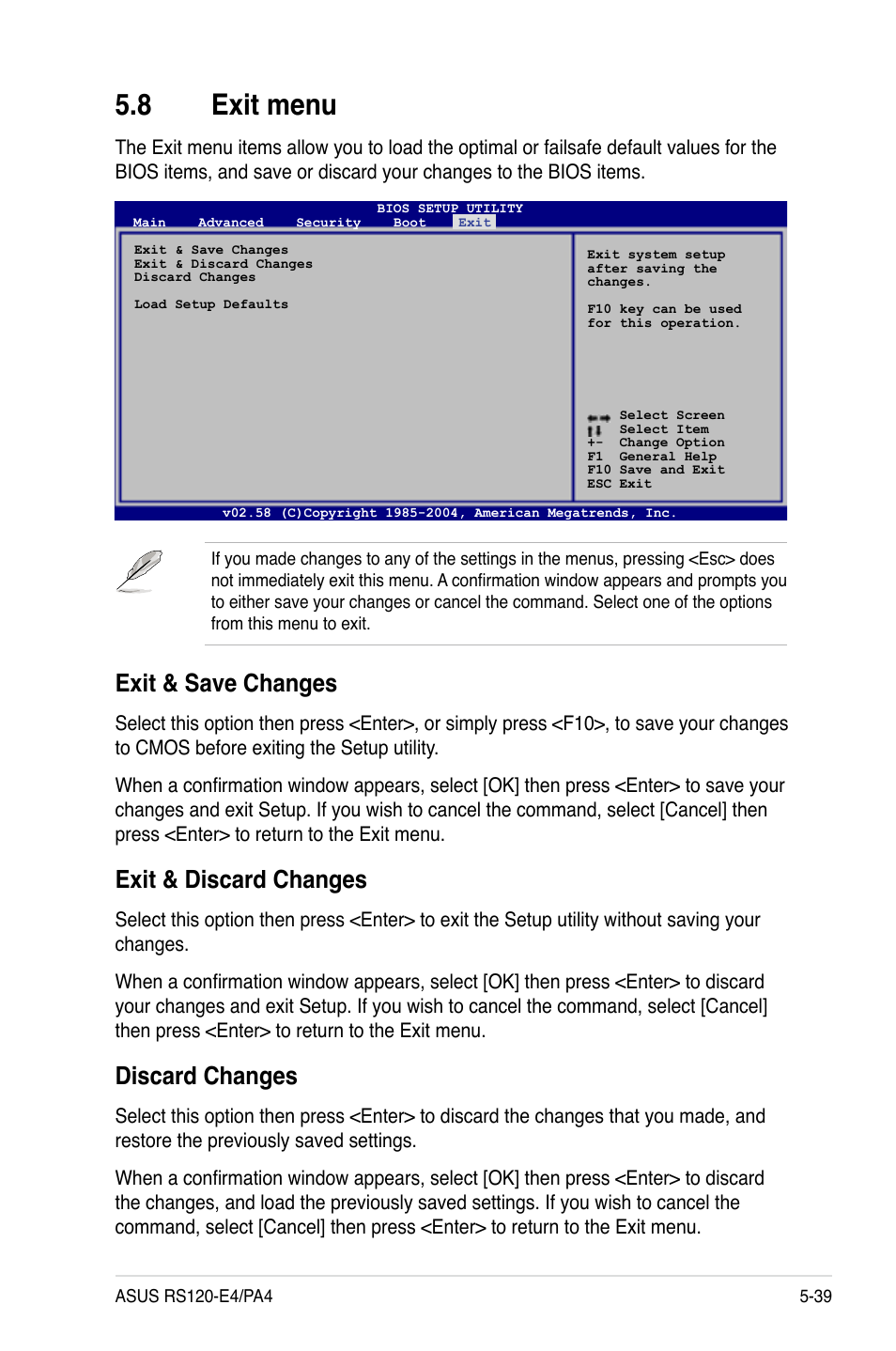 Exit.menu, Exit.&.save.changes, Exit.&.discard.changes | Discard.changes | Asus RS120-E4/PA4 User Manual | Page 105 / 174