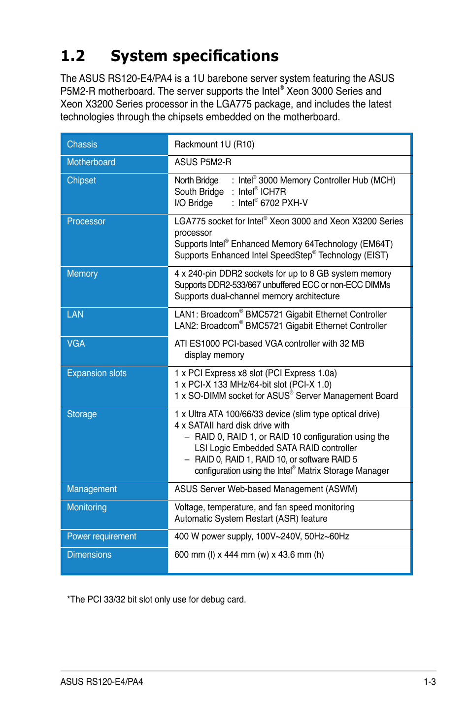 2 system specifications | Asus RS120-E4/PA4 User Manual | Page 13 / 174