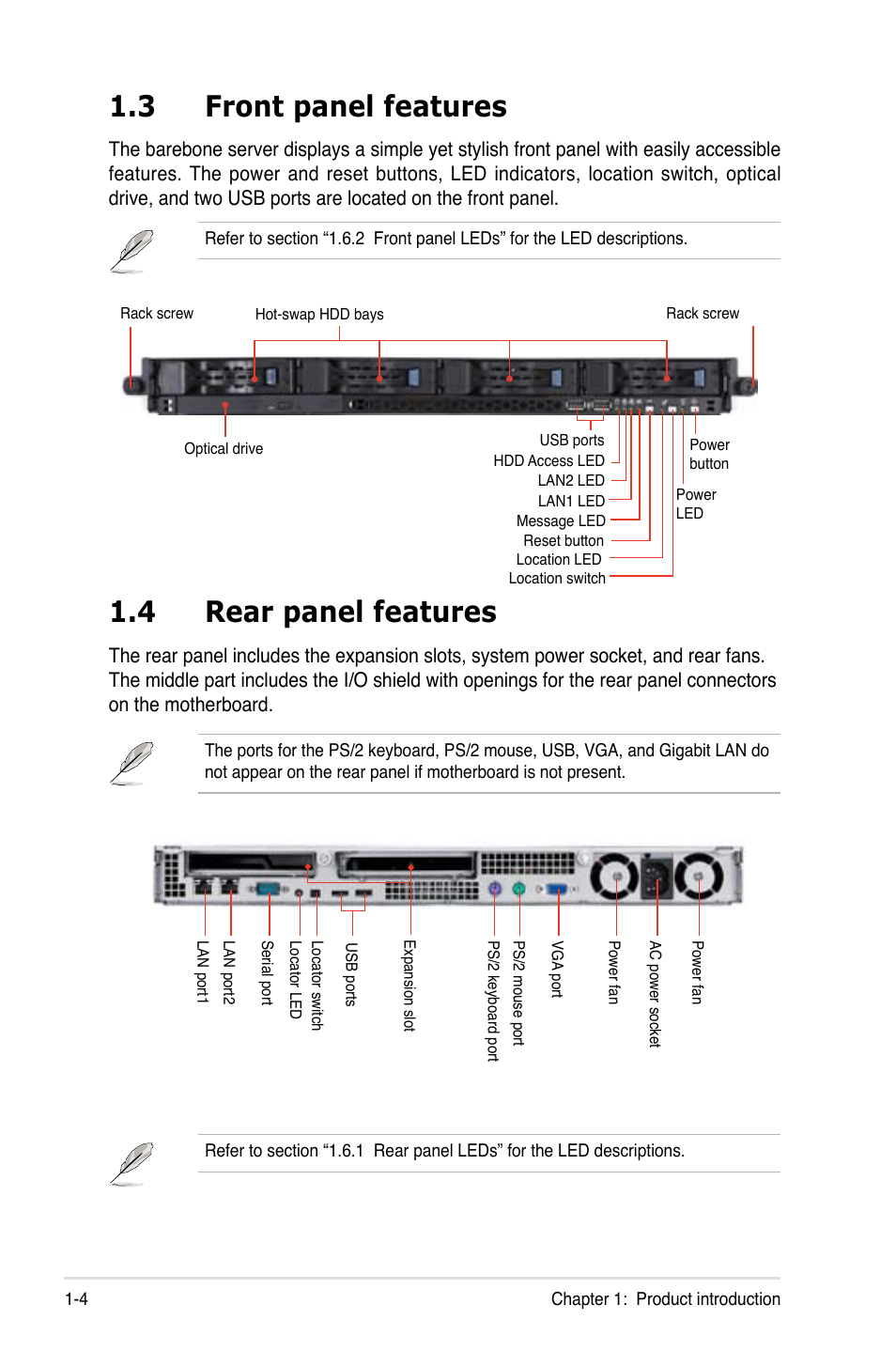 4 rear panel features, 3 front panel features | Asus RS120-E4/PA4 User Manual | Page 14 / 174