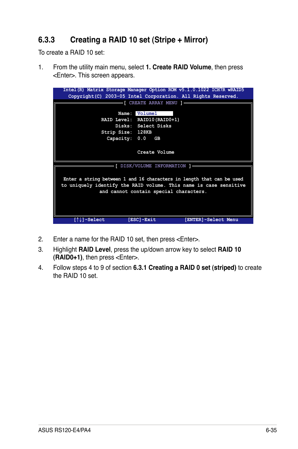 Creating.a.raid.10.set.(stripe.+.mirror) | Asus RS120-E4/PA4 User Manual | Page 141 / 174