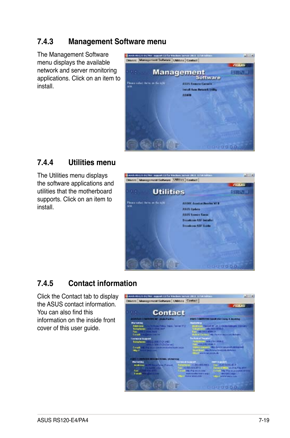 Contact.information, Management.software.menu, Utilities.menu | Asus RS120-E4/PA4 User Manual | Page 167 / 174