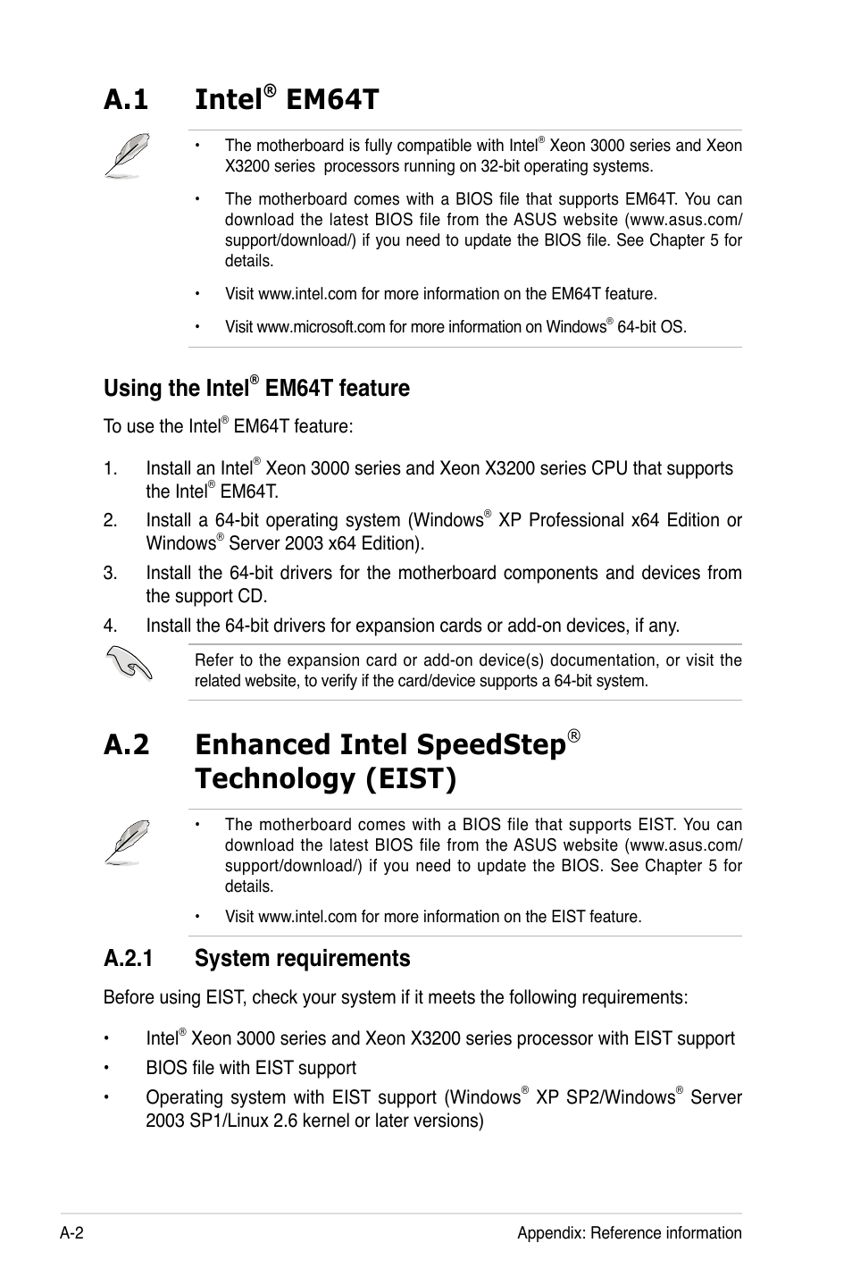 A.1 intel, Em64t, A.2 enhanced intel speedstep | Technology (eist), Using.the.intel, Em64t.feature, A.2.1. system.requirements | Asus RS120-E4/PA4 User Manual | Page 170 / 174