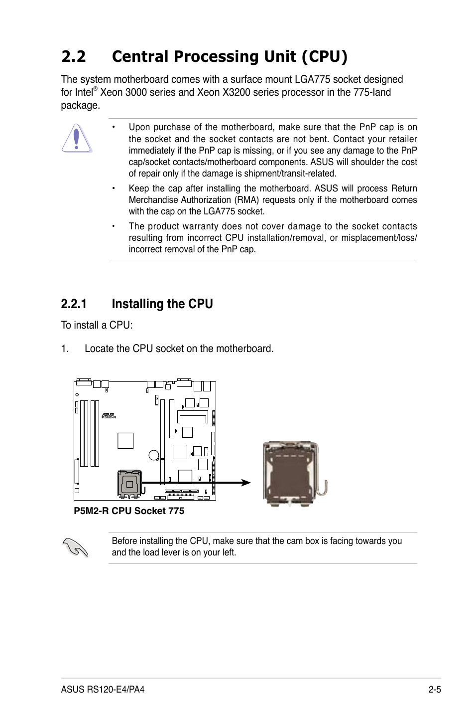 2 central processing unit (cpu), Installing.the.cpu | Asus RS120-E4/PA4 User Manual | Page 21 / 174