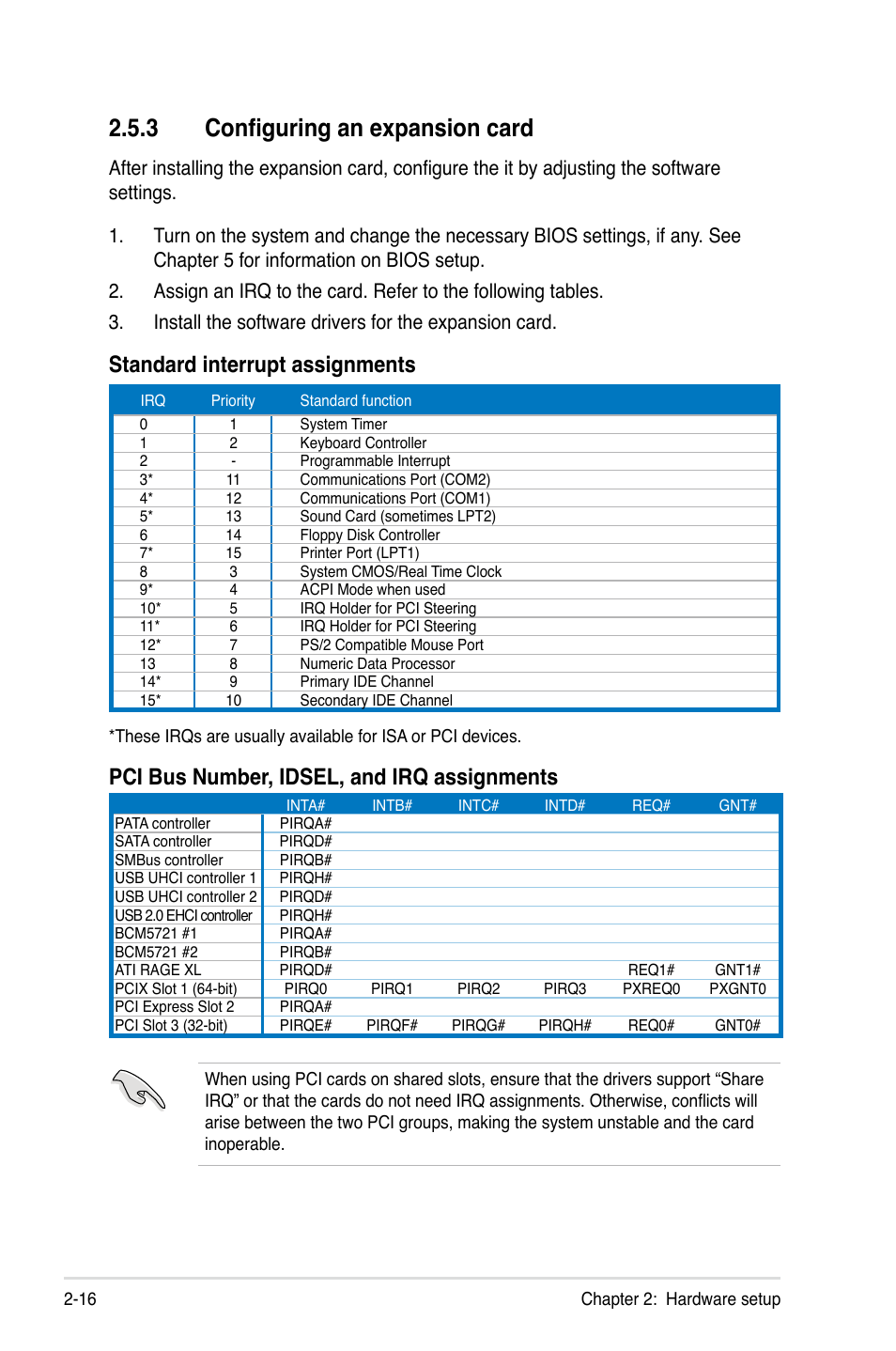 3 configuring an expansion.card, Standard.interrupt.assignments, Pci.bus.number,.idsel,.and.irq.assignments | Asus RS120-E4/PA4 User Manual | Page 32 / 174