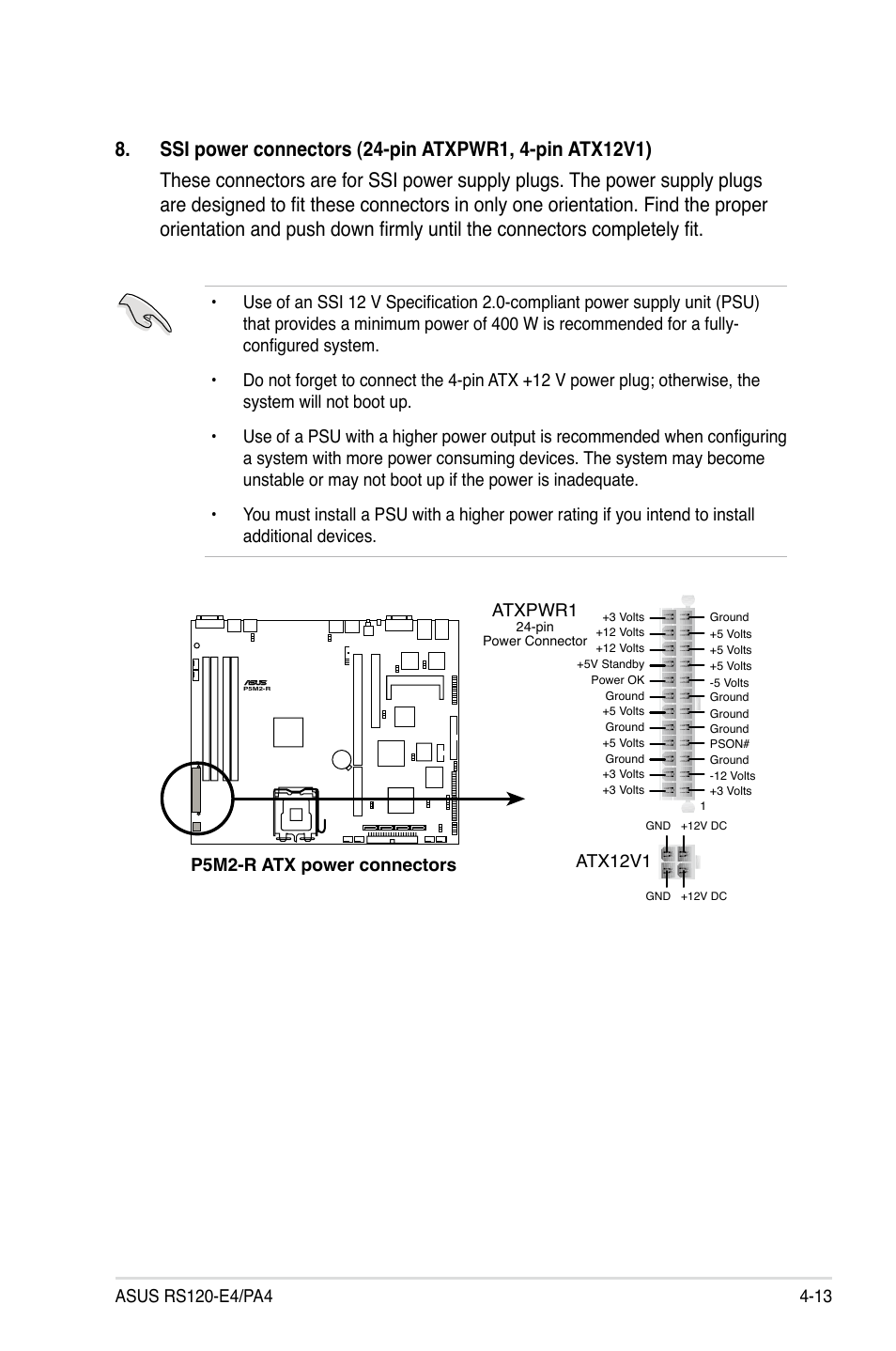 P5m2-r.atx.power.connectors, Atx12v1 atxpwr1 | Asus RS120-E4/PA4 User Manual | Page 61 / 174