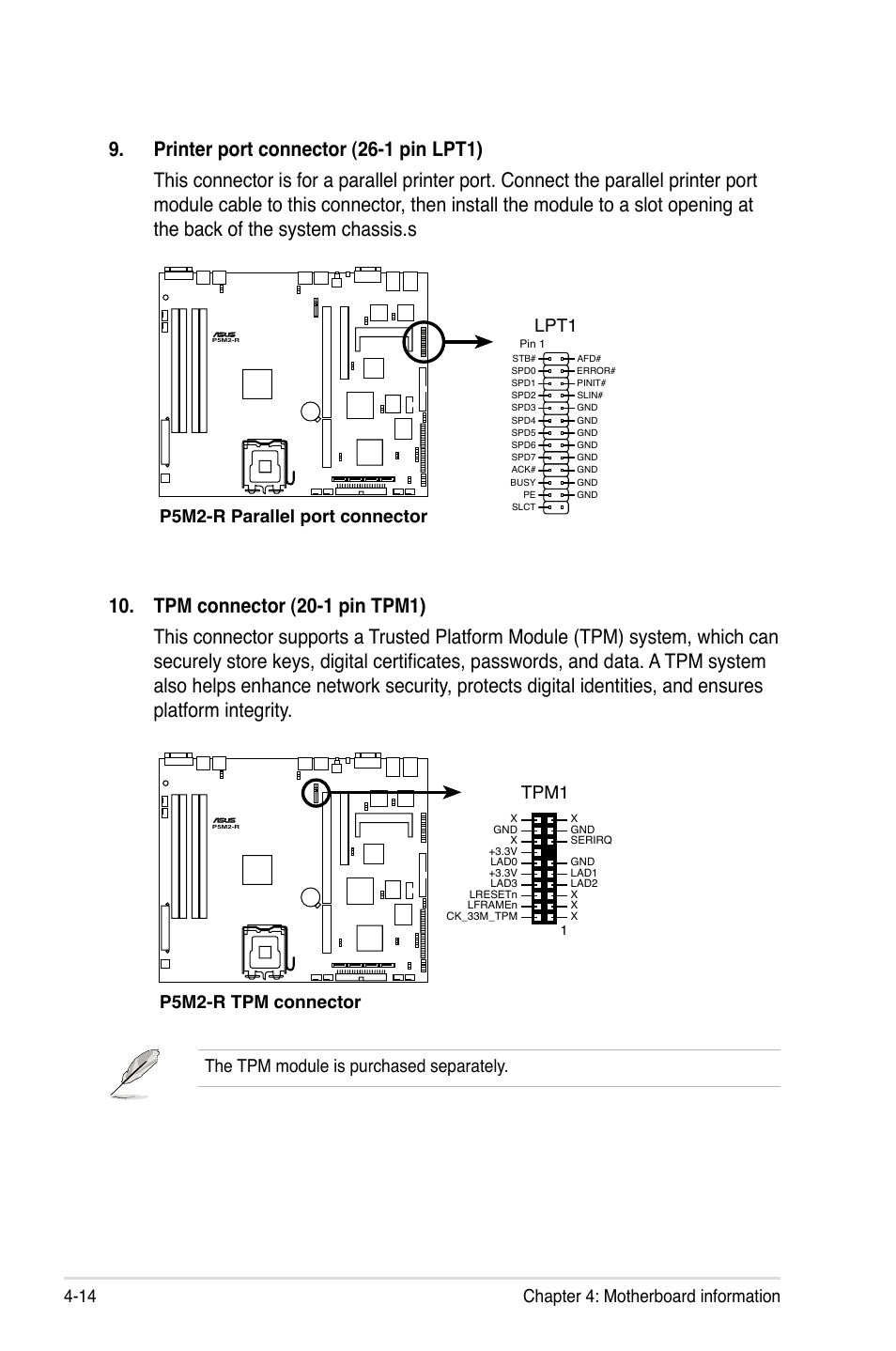 Chapter 4: motherboard information 4-14, P5m2-r.parallel.port.connector lpt1, P5m2-r.tpm.connector tpm1 | The tpm module is purchased separately | Asus RS120-E4/PA4 User Manual | Page 62 / 174