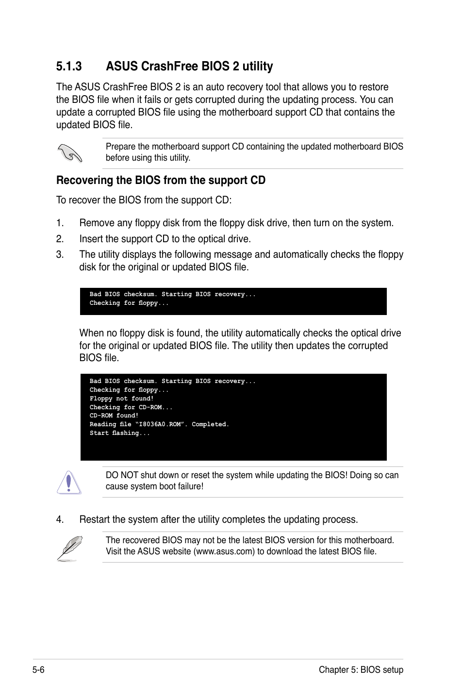 Asus.crashfree.bios.2.utility, Recovering.the.bios.from.the.support.cd | Asus RS120-E4/PA4 User Manual | Page 72 / 174