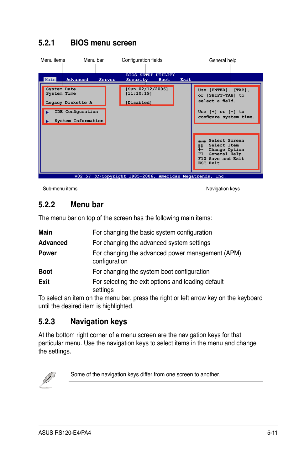 Menu.bar, Navigation.keys, Bios.menu.screen | Asus RS120-E4/PA4 User Manual | Page 77 / 174