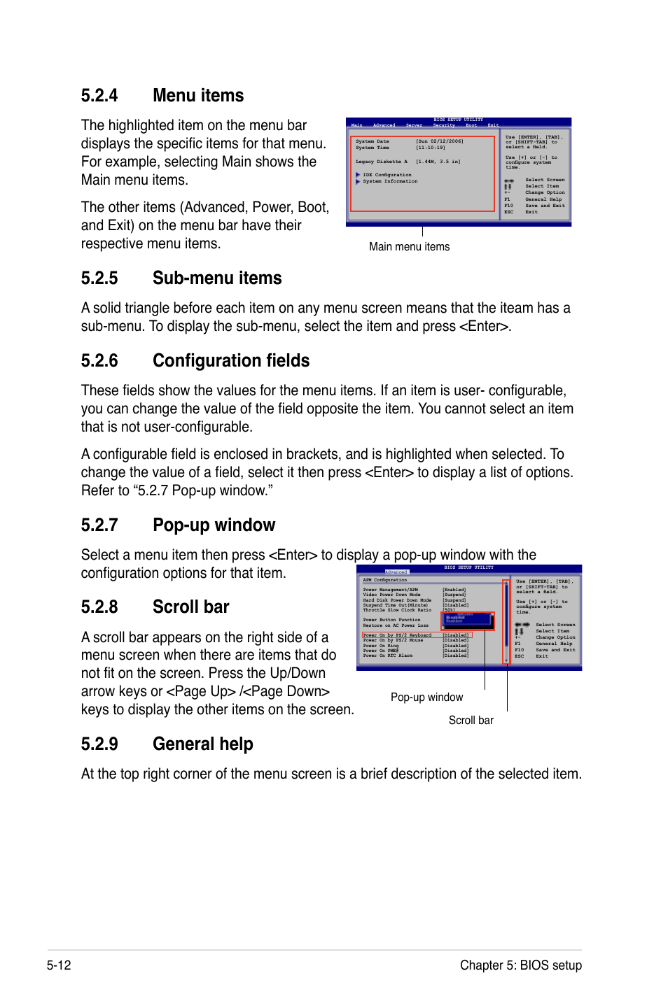 Menu.items, Sub-menu.items, 6 configuration fields | Pop-up.window, Scroll.bar, General.help, 12 chapter 5: bios setup, Scroll bar pop-up window main menu items | Asus RS120-E4/PA4 User Manual | Page 78 / 174