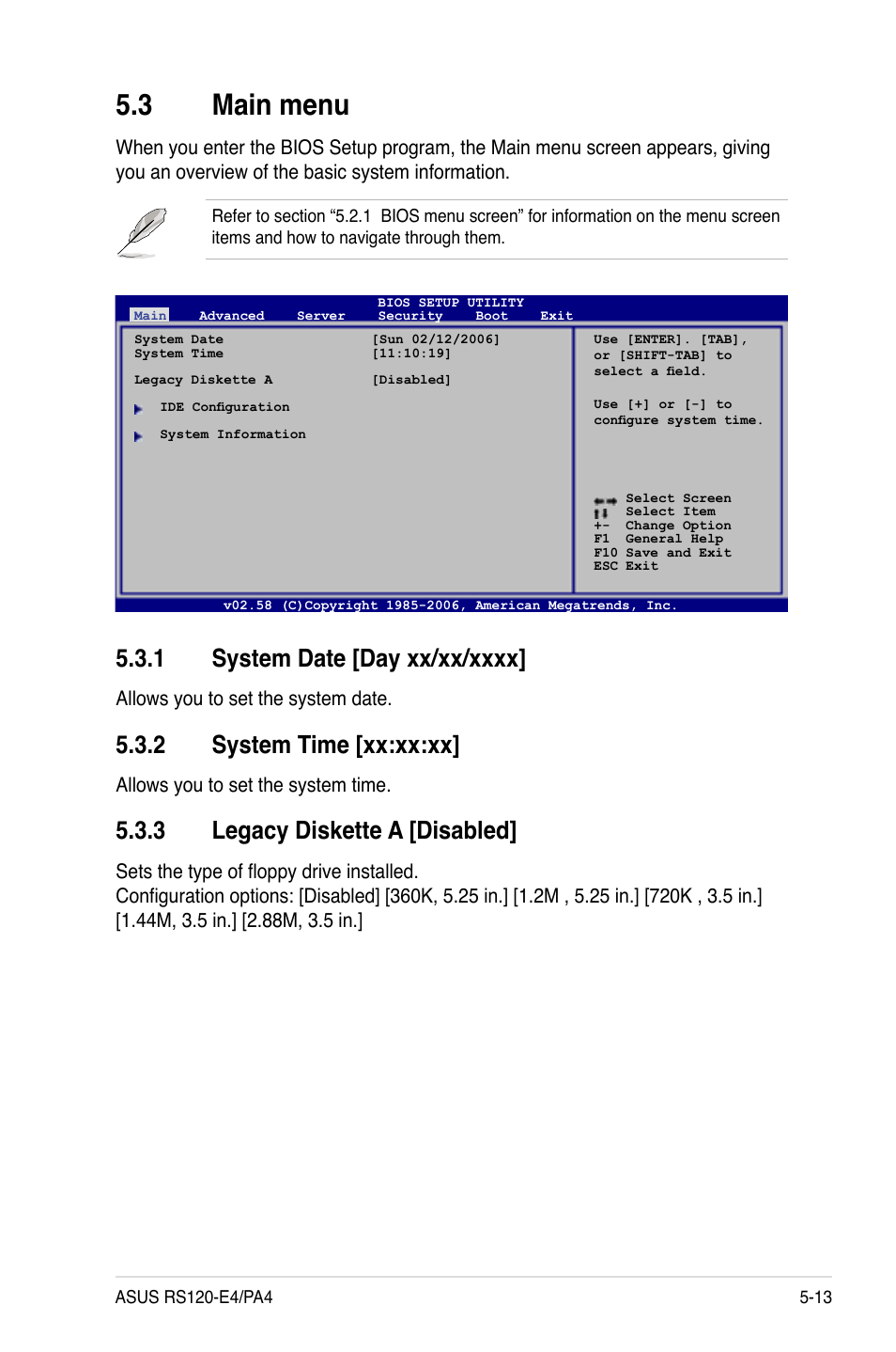 Main.menu, System.time.[xx:xx:xx, Legacy.diskette.a.[disabled | Asus RS120-E4/PA4 User Manual | Page 79 / 174