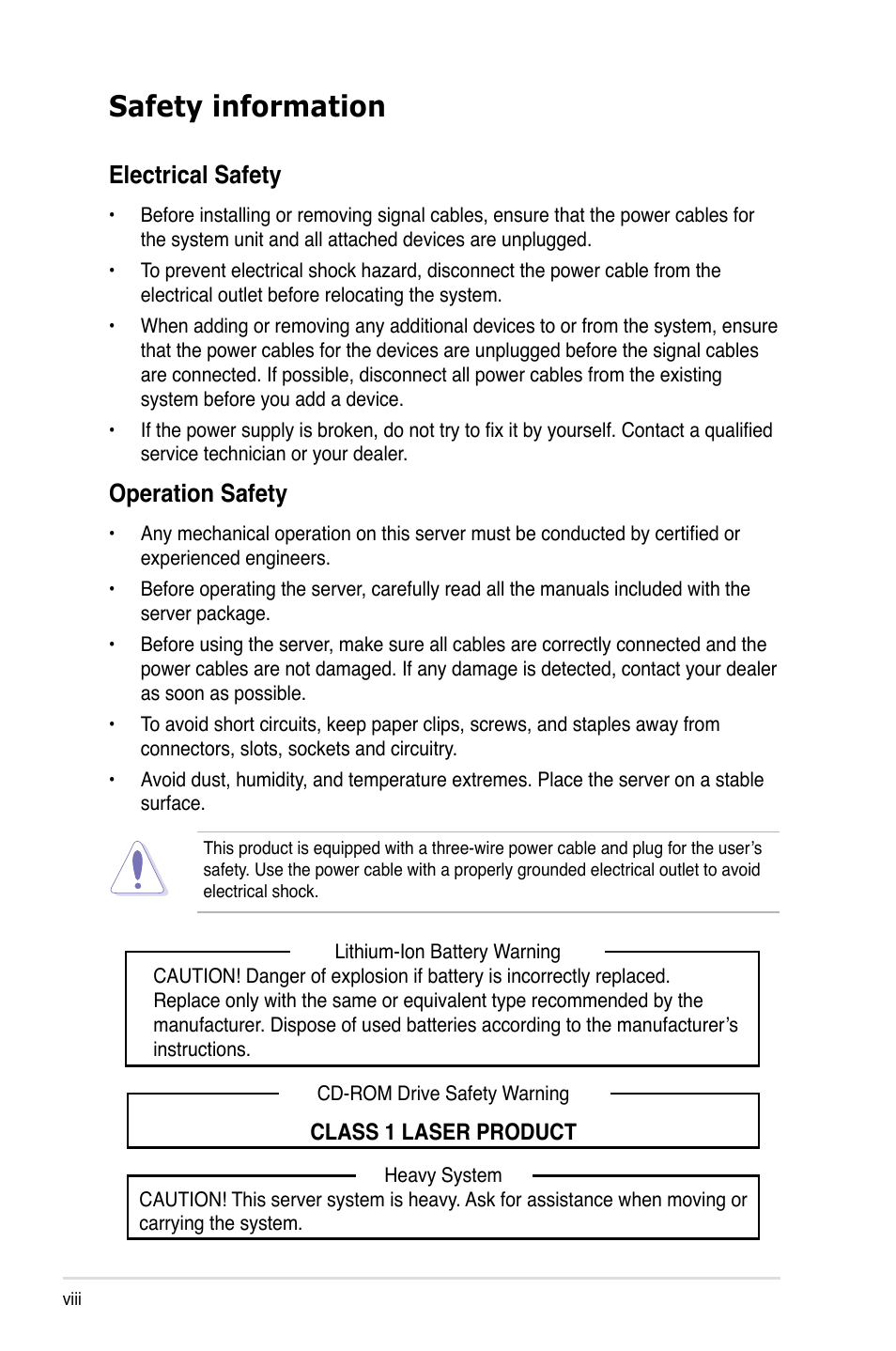 Safety information, Electrical.safety, Operation.safety | Asus RS120-E4/PA4 User Manual | Page 8 / 174