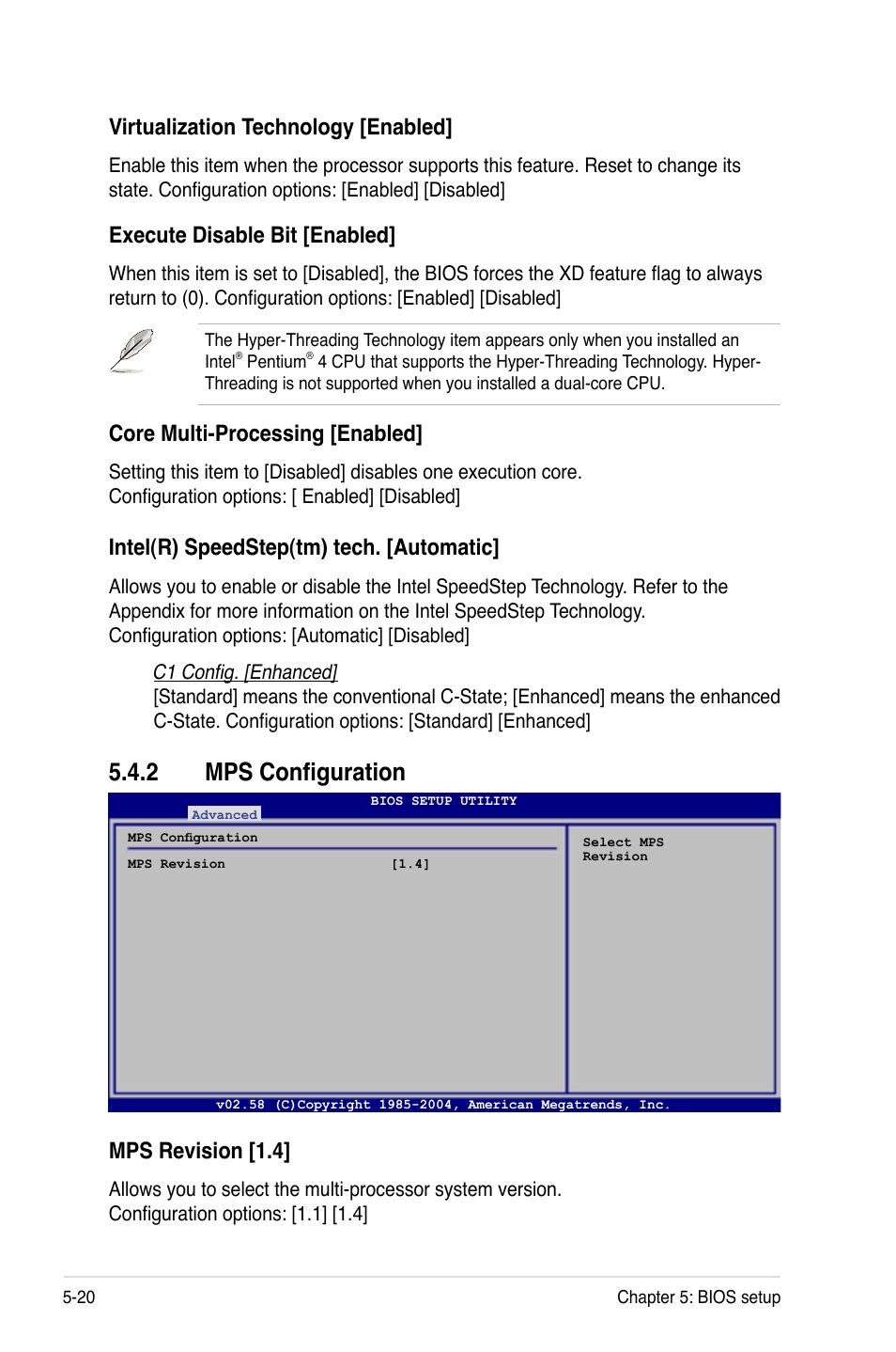 2 mps configuration, Virtualization.technology.[enabled, Execute.disable.bit.[enabled | Core.multi-processing.[enabled, Intel(r).speedstep(tm).tech..[automatic, Mps.revision.[1.4 | Asus RS120-E4/PA4 User Manual | Page 86 / 174