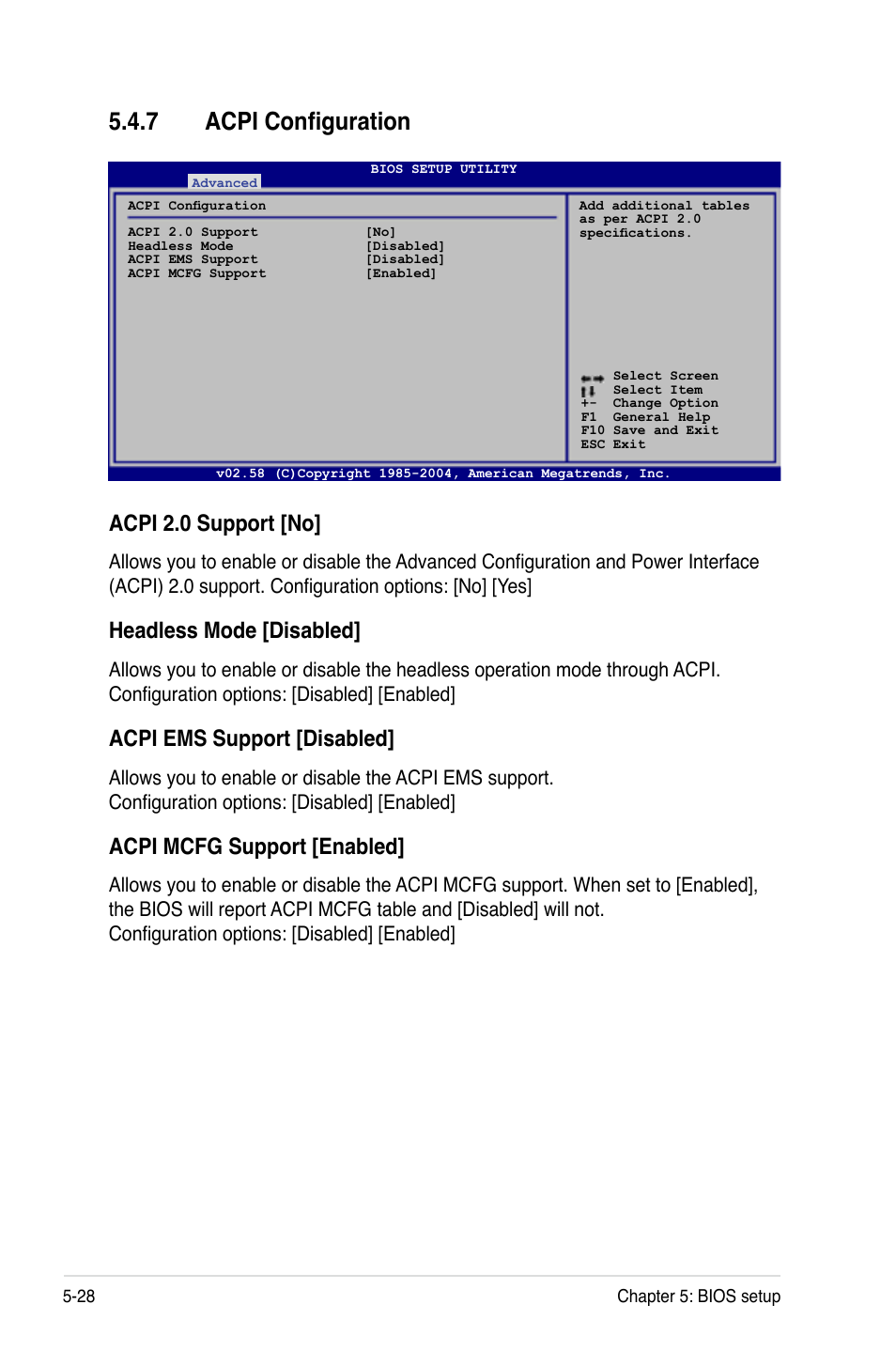 7 acpi configuration, Acpi.2.0.support.[no, Headless.mode.[disabled | Acpi.ems.support.[disabled, Acpi.mcfg.support.[enabled | Asus RS120-E4/PA4 User Manual | Page 94 / 174