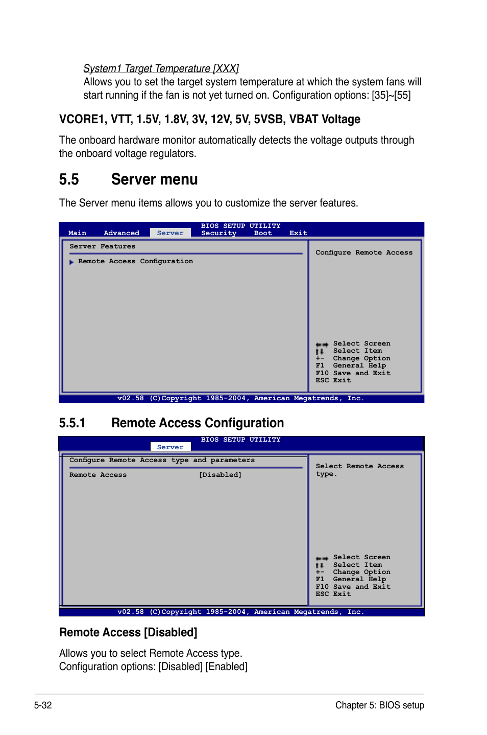 Server.menu, 1 remote access configuration, Remote.access.[disabled | Asus RS120-E4/PA4 User Manual | Page 98 / 174