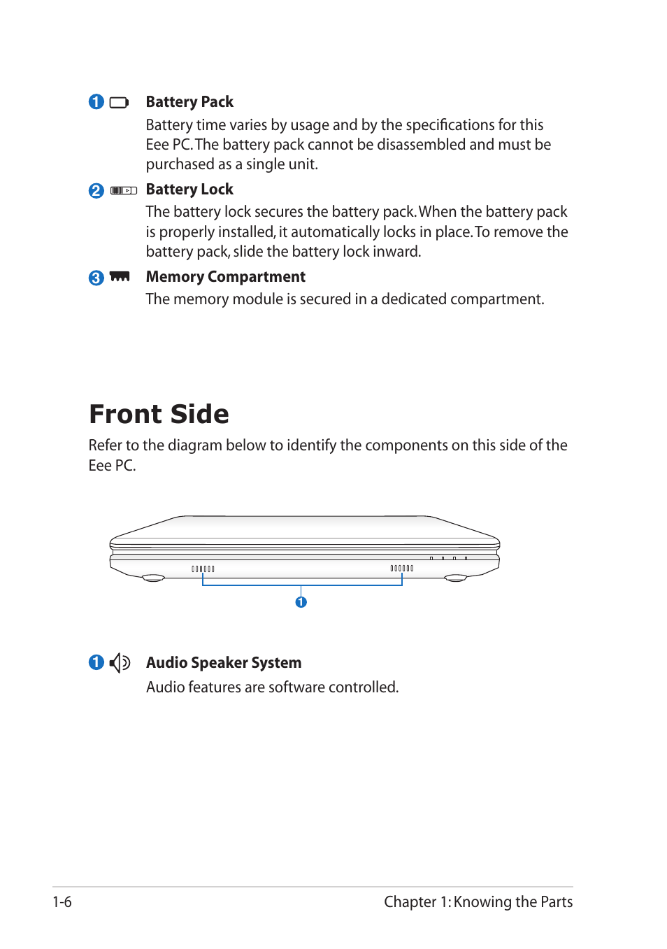 Front side, Front side -6 | Asus Eee PC R061PT User Manual | Page 14 / 62