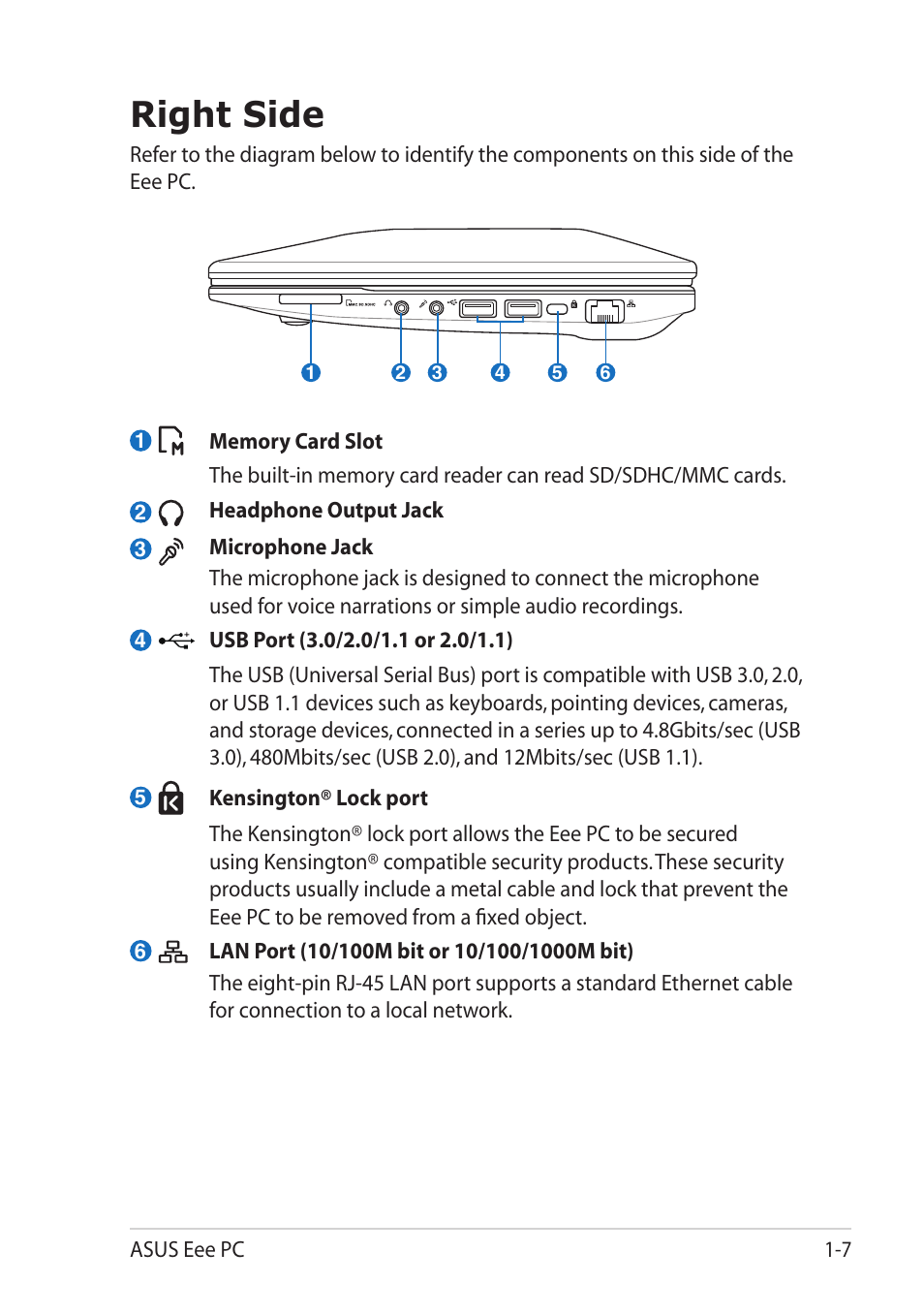 Right side, Right side -7 | Asus Eee PC R061PT User Manual | Page 15 / 62