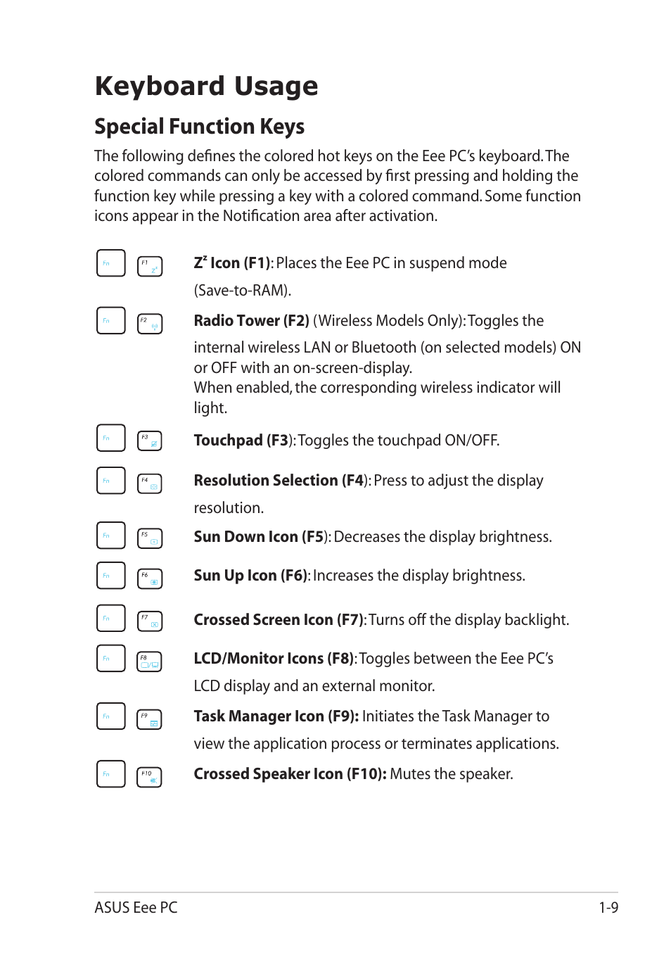 Keyboard usage, Special function keys, Keyboard usage -9 | Special function keys -9 | Asus Eee PC R061PT User Manual | Page 17 / 62