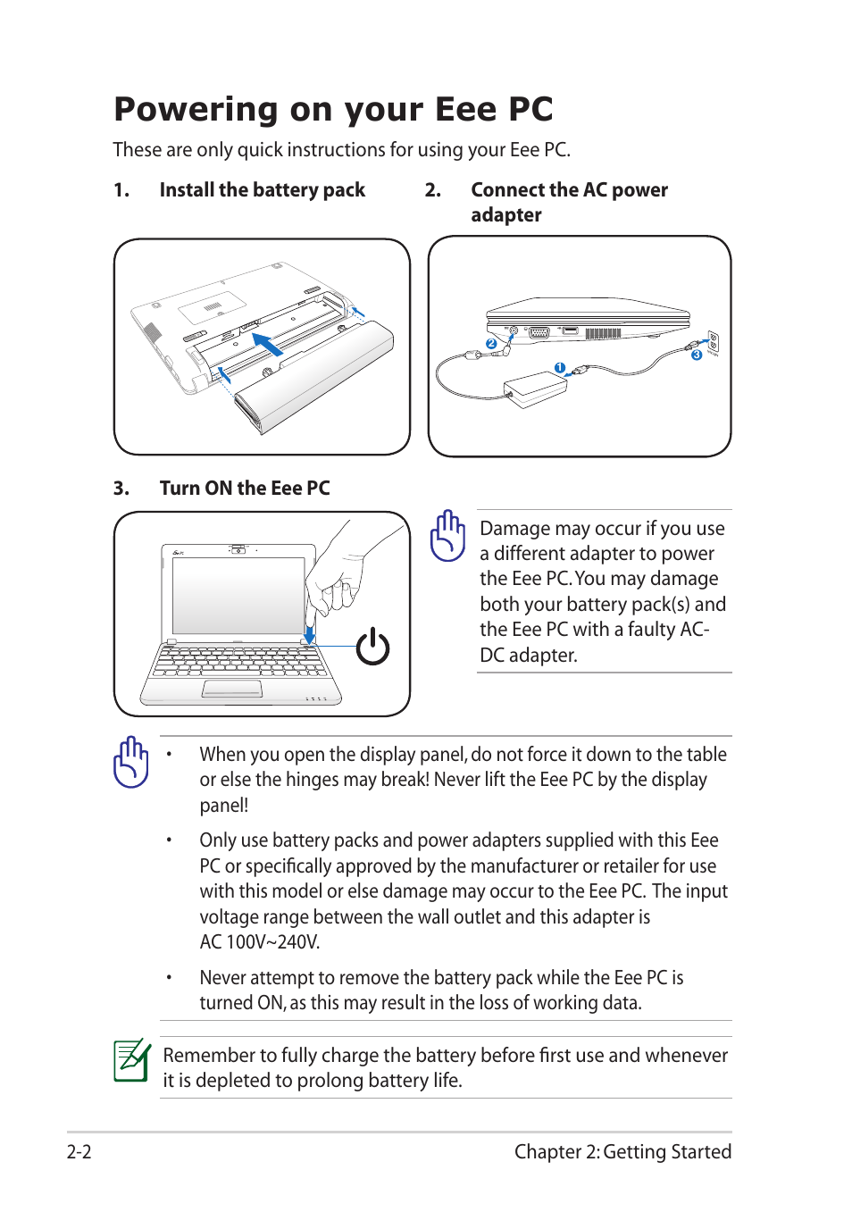 Powering on your eee pc, Powering on your eee pc -2 | Asus Eee PC R061PT User Manual | Page 22 / 62