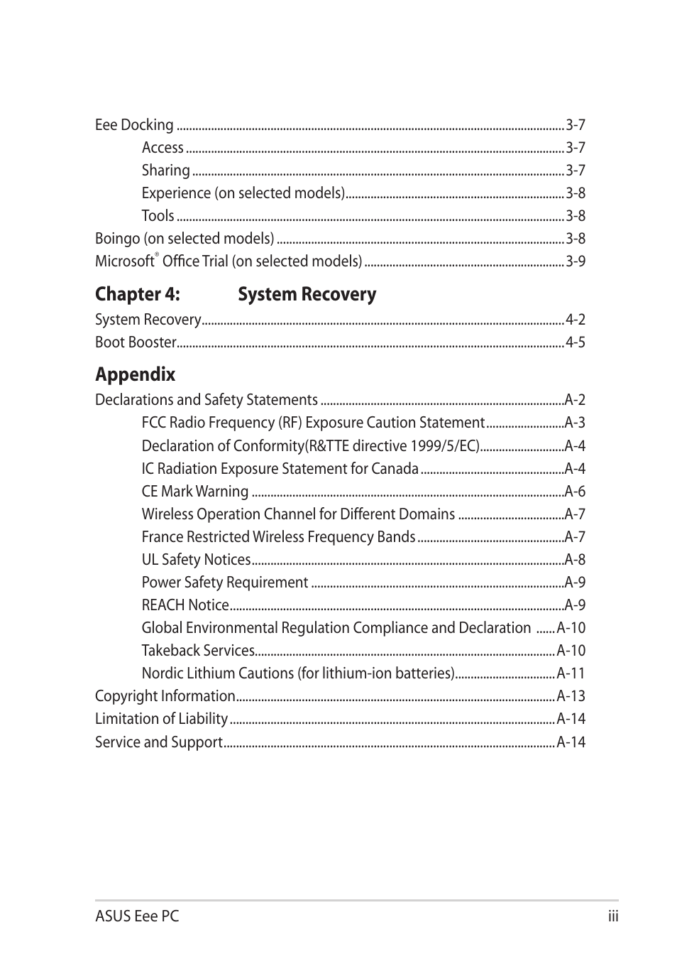 Chapter 4: system recovery, Appendix | Asus Eee PC R061PT User Manual | Page 3 / 62