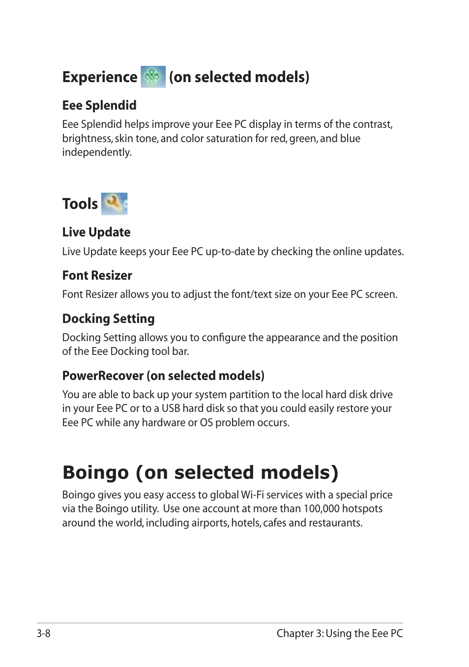 Experience ￼ (on selected models), Tools, Boingo (on selected models) | Experience (on selected models) -8 tools -8, Boingo (on selected models) -8, Experience (on selected models) | Asus Eee PC R061PT User Manual | Page 38 / 62