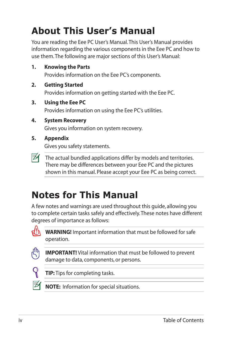 About this user’s manual, Notes for this manual | Asus Eee PC R061PT User Manual | Page 4 / 62