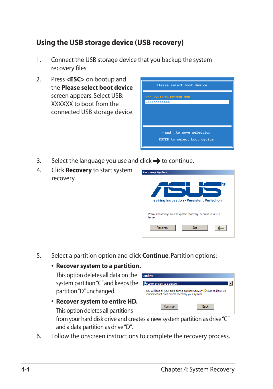 Using the usb storage device (usb recovery) | Asus Eee PC R061PT User Manual | Page 44 / 62