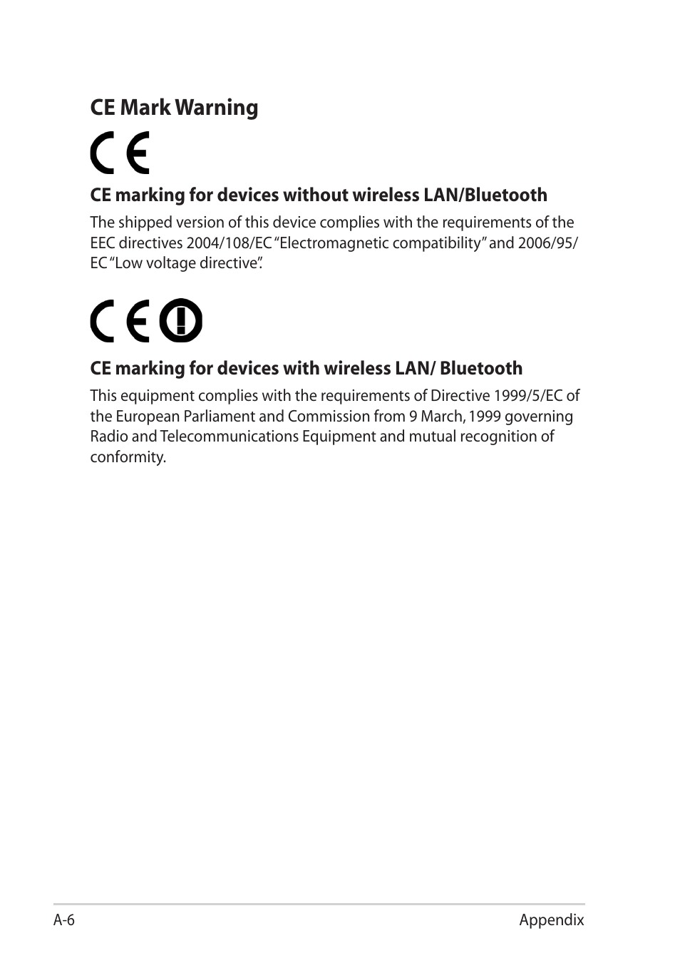 Ce mark warning | Asus Eee PC R061PT User Manual | Page 52 / 62