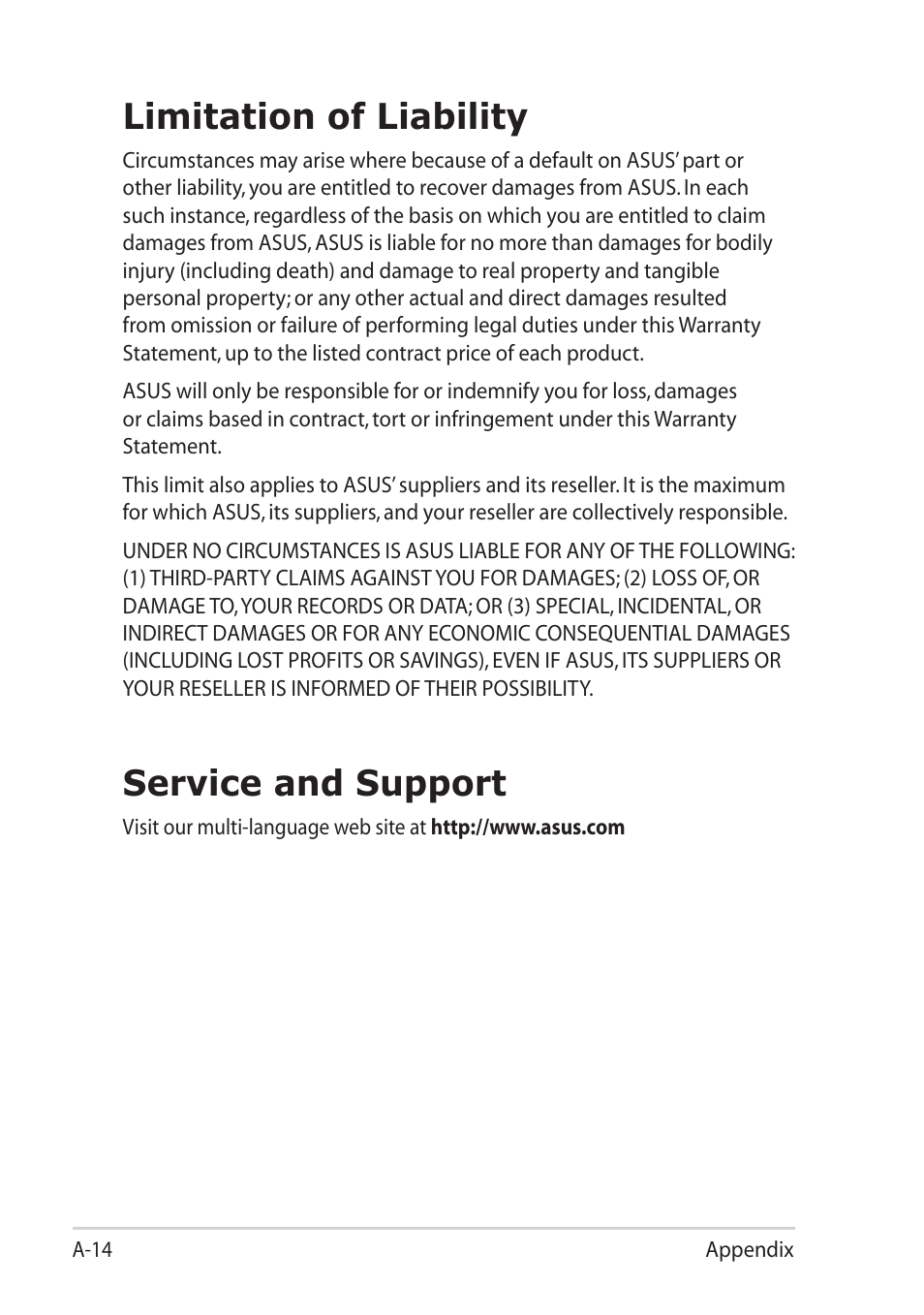 Limitation of liability, Service and support | Asus Eee PC R061PT User Manual | Page 60 / 62