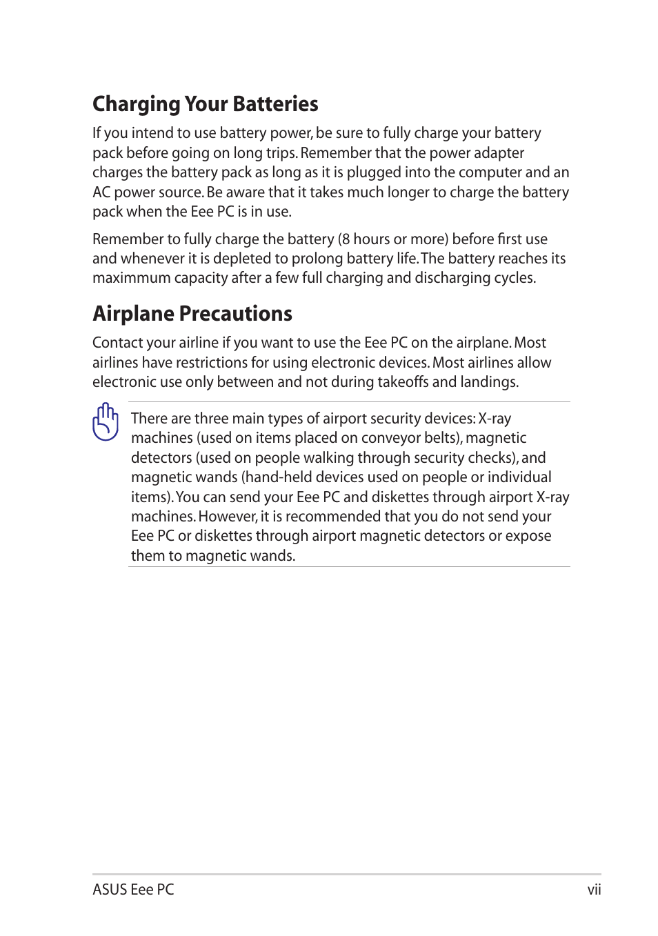 Charging your batteries, Airplane precautions | Asus Eee PC R061PT User Manual | Page 7 / 62