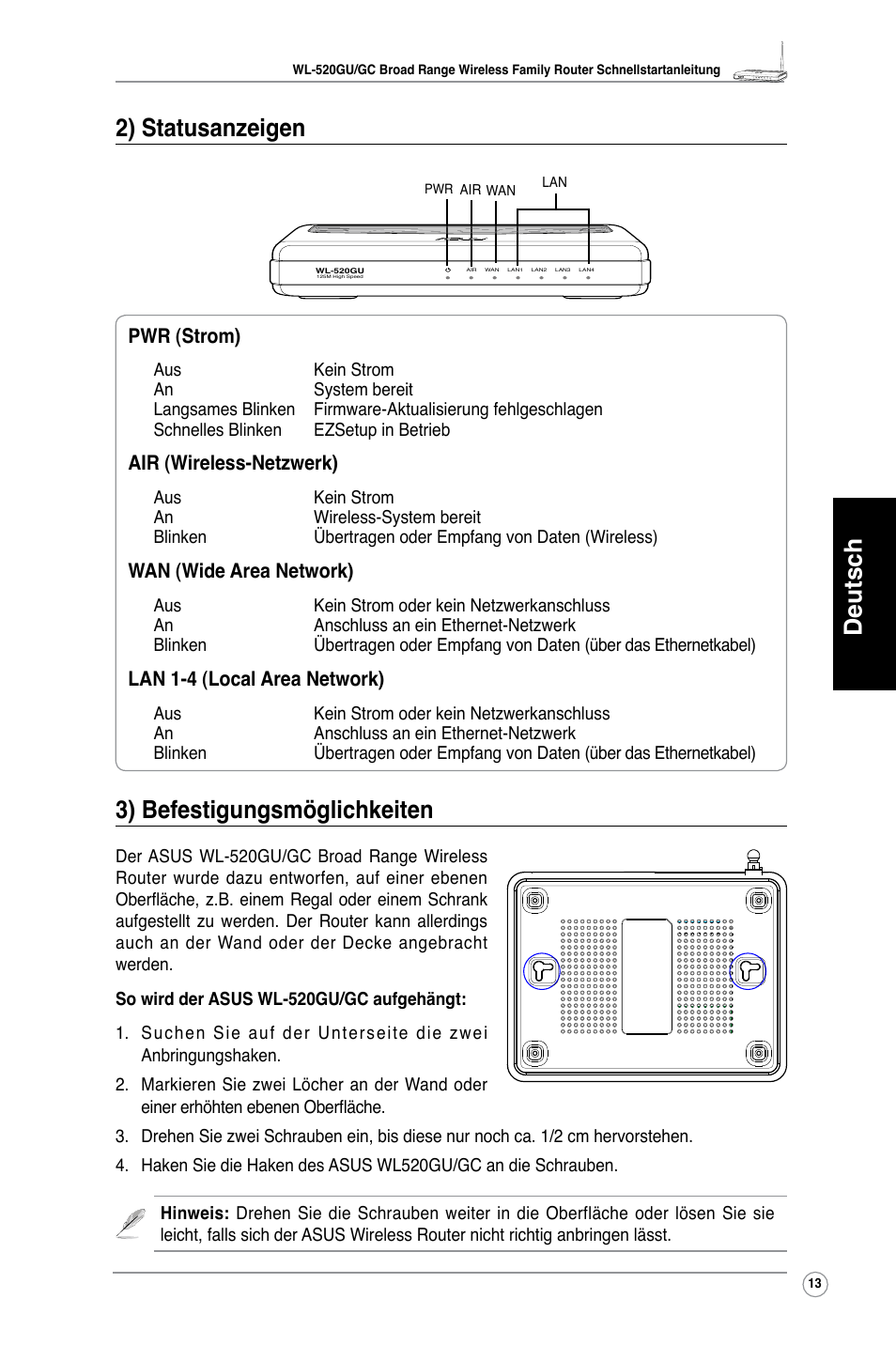 Deutsch 2) statusanzeigen, 3) befestigungsmöglichkeiten, Pwr (strom) | Air (wireless-netzwerk), Wan (wide area network), Lan 1-4 (local area network) | Asus WL-520GC User Manual | Page 16 / 108