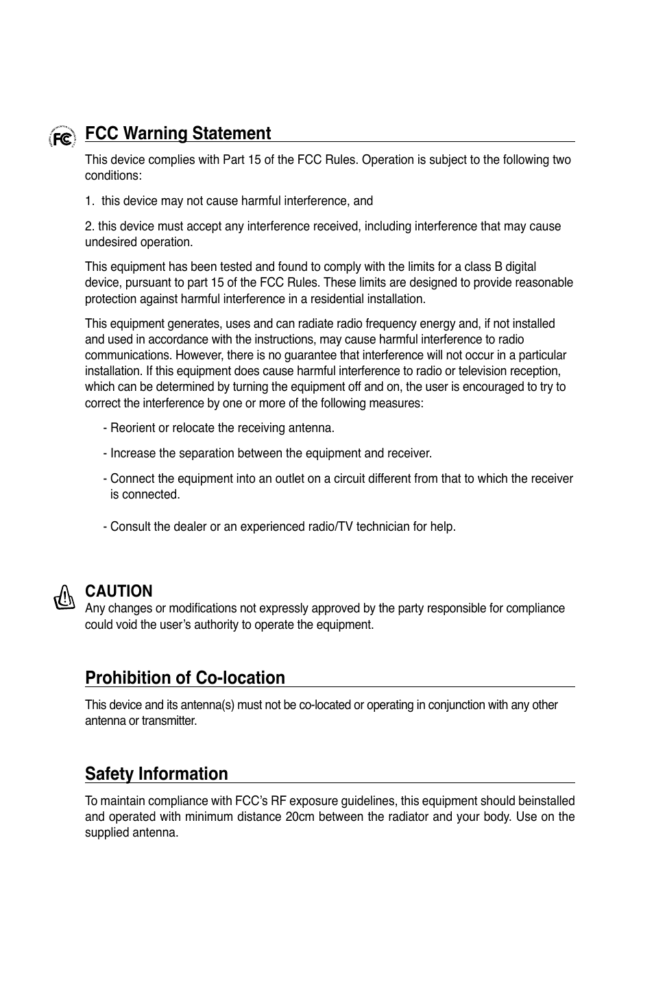 Fcc warning statement, Prohibition of co-location, Safety information | Caution | Asus WL-520GC User Manual | Page 2 / 108