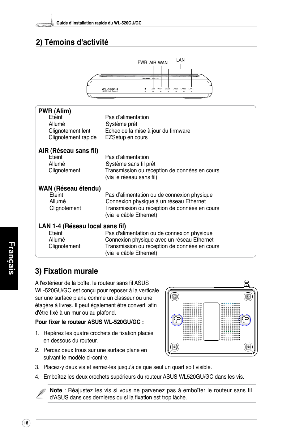 Français 2) témoins d'activité, 3) fixation murale | Asus WL-520GC User Manual | Page 21 / 108