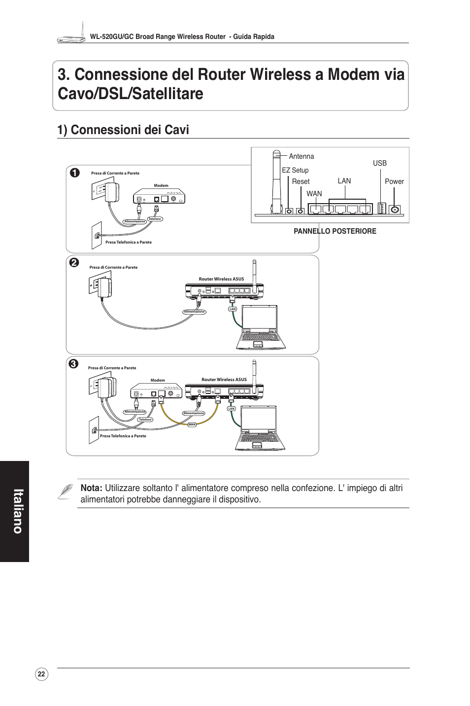 Italiano, 1) connessioni dei cavi | Asus WL-520GC User Manual | Page 25 / 108