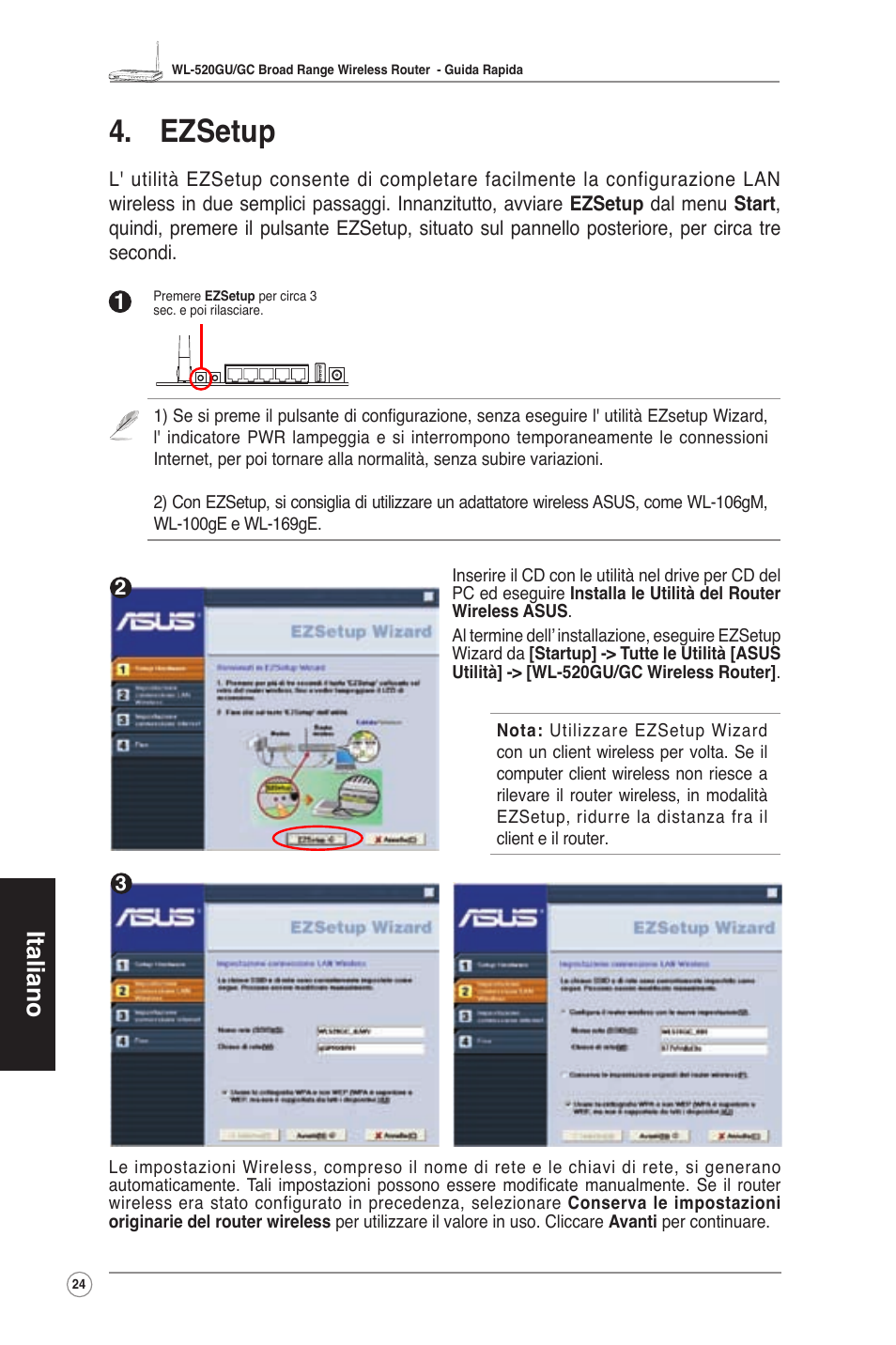 Ezsetup, Italiano | Asus WL-520GC User Manual | Page 27 / 108