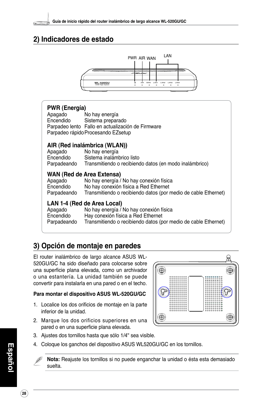 Pwr (energía), Air (red inalámbrica (wlan)), Wan (red de area extensa) | Lan 1-4 (red de area local) | Asus WL-520GC User Manual | Page 31 / 108