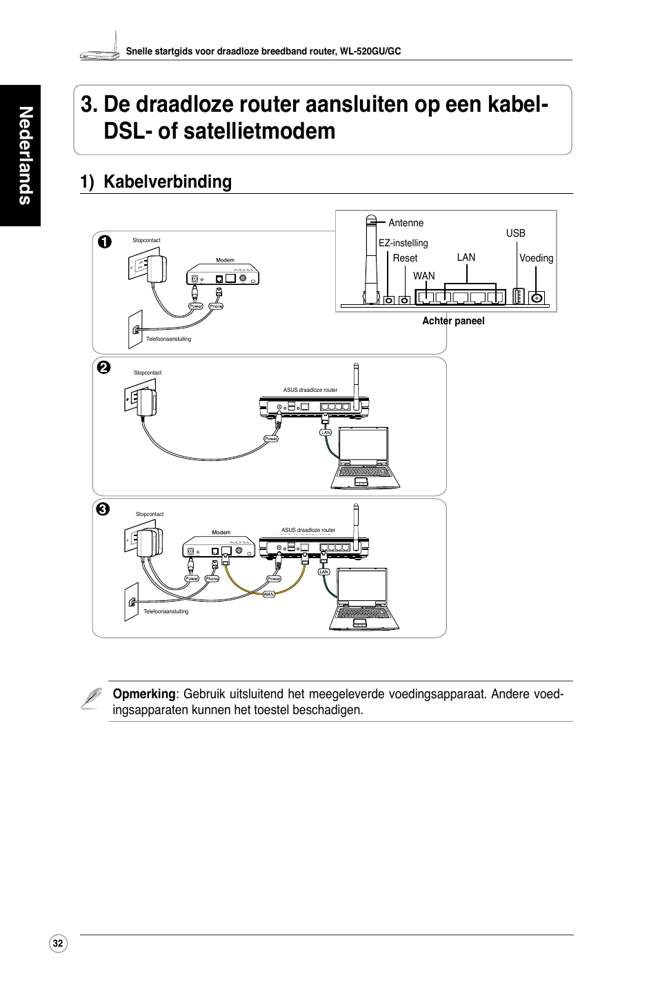 Nederlands, 1) kabelverbinding | Asus WL-520GC User Manual | Page 35 / 108