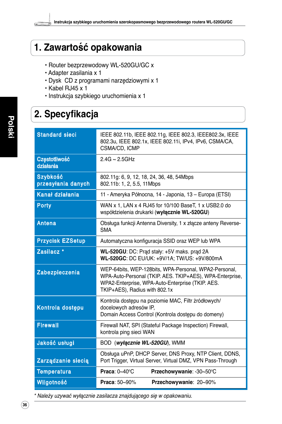 Zawartość opakowania, Specyfikacja, Polski | Asus WL-520GC User Manual | Page 39 / 108