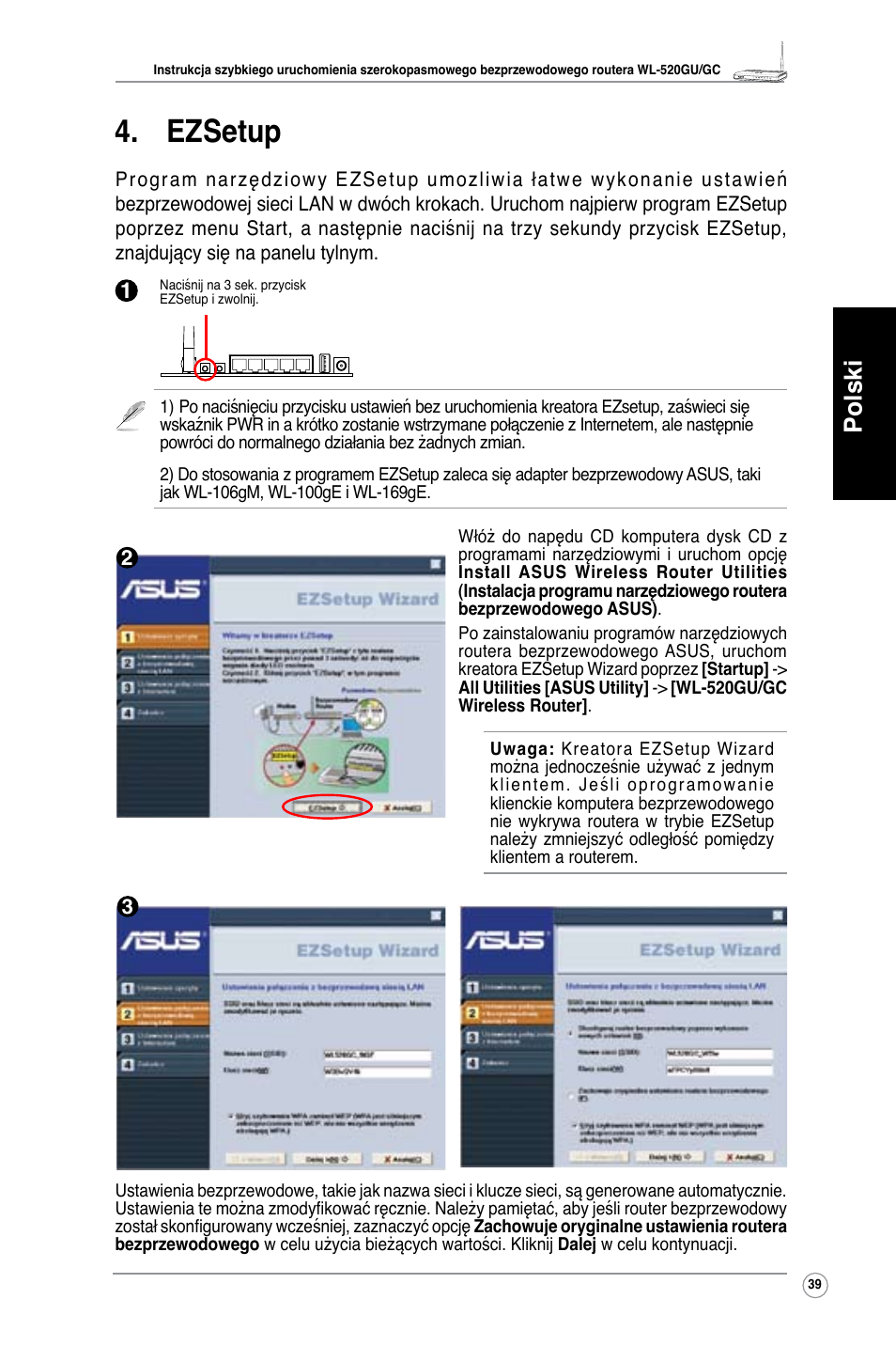 Ezsetup, Polski | Asus WL-520GC User Manual | Page 42 / 108