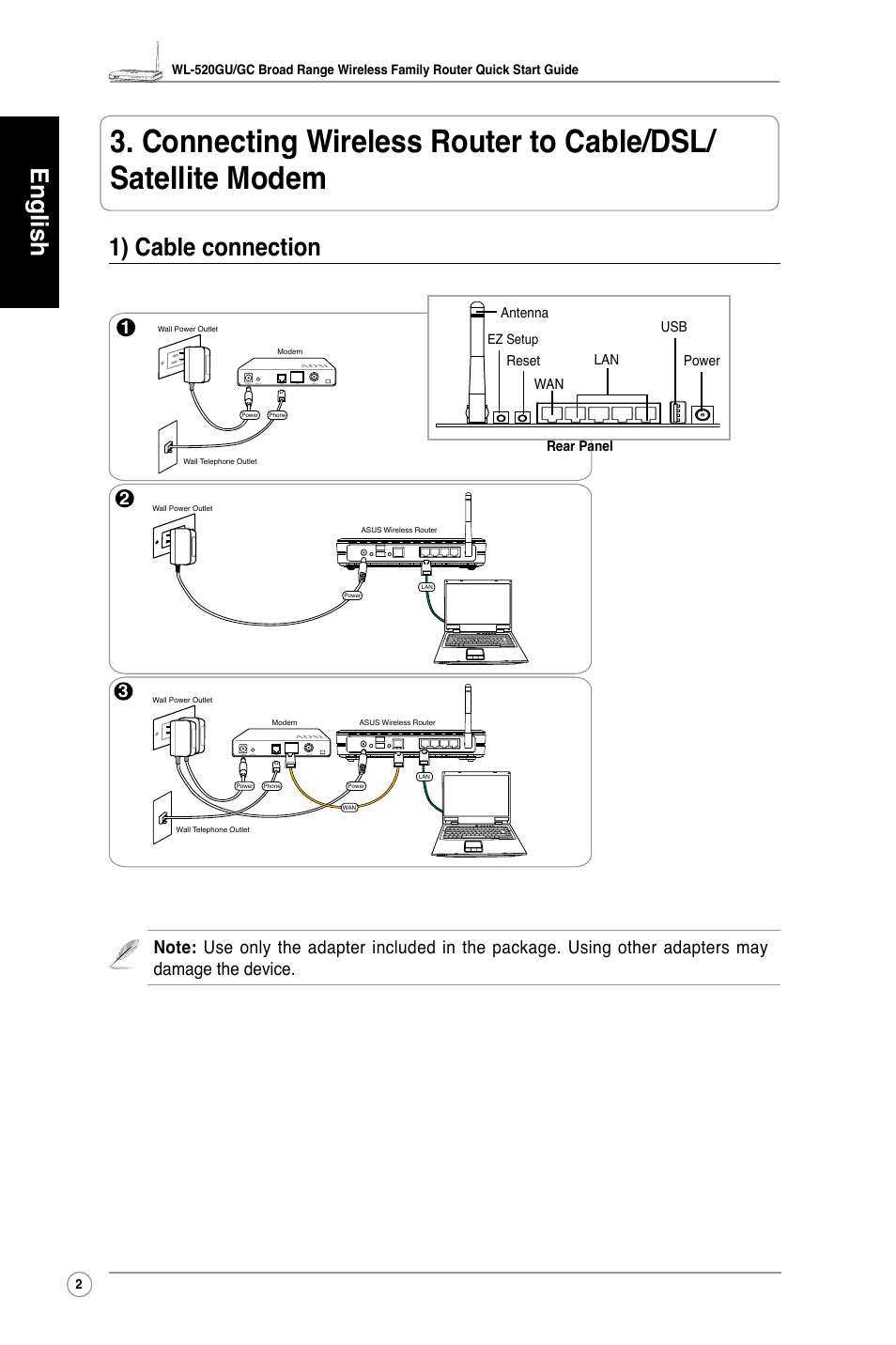 English, 1) cable connection | Asus WL-520GC User Manual | Page 5 / 108