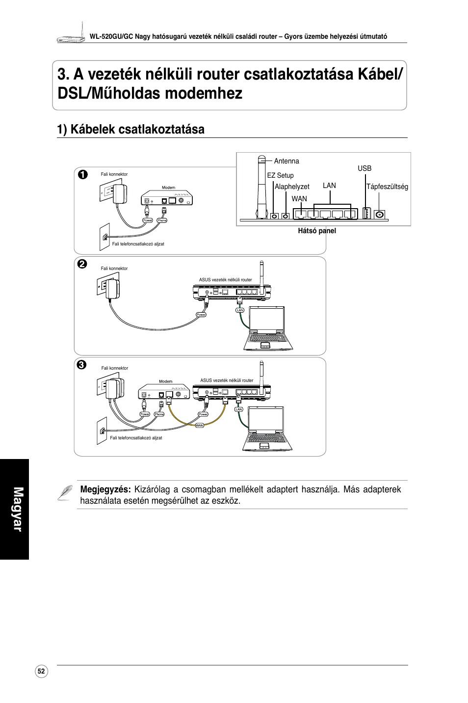 Magyar, 1) kábelek csatlakoztatása | Asus WL-520GC User Manual | Page 55 / 108