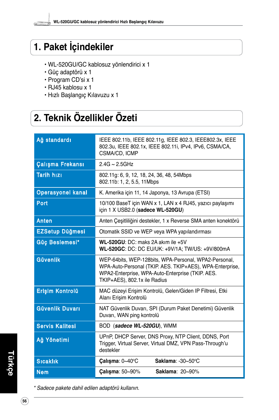 Paket içindekiler, Teknik özellikler özeti, Türkçe | Asus WL-520GC User Manual | Page 59 / 108